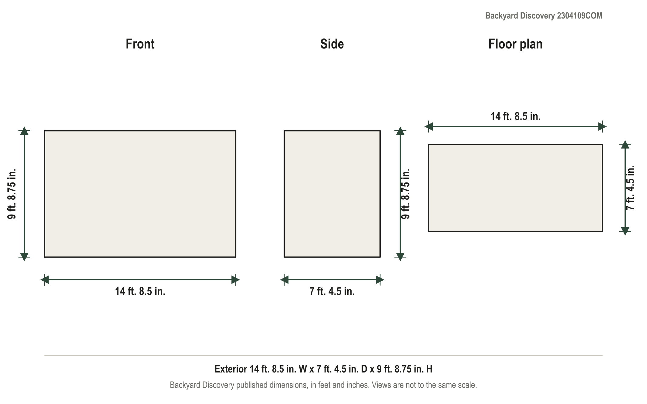 Dimension diagram: Backyard Discovery Bellerose 11' x 7' Cedar Wood and Polycarbonate Walk-In Greenhouse Kit with Pergola, 14 ft. 8.5 in. wide by 7 ft. 4.5 in. deep by 9 ft. 8.75 in. tall