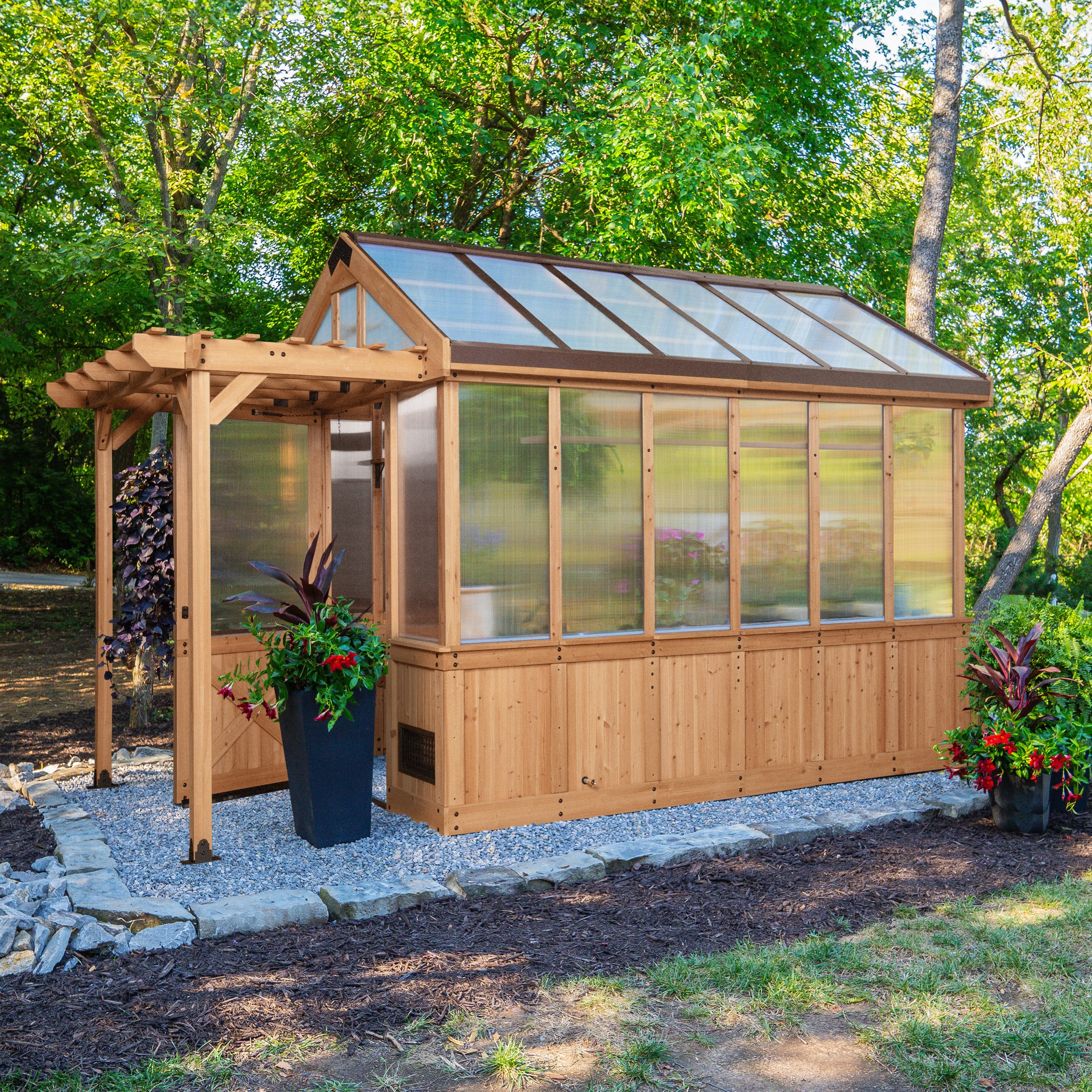 Backyard Discovery Bellerose 11' x 7' Cedar Wood and Polycarbonate Walk-In Greenhouse Kit with Pergola