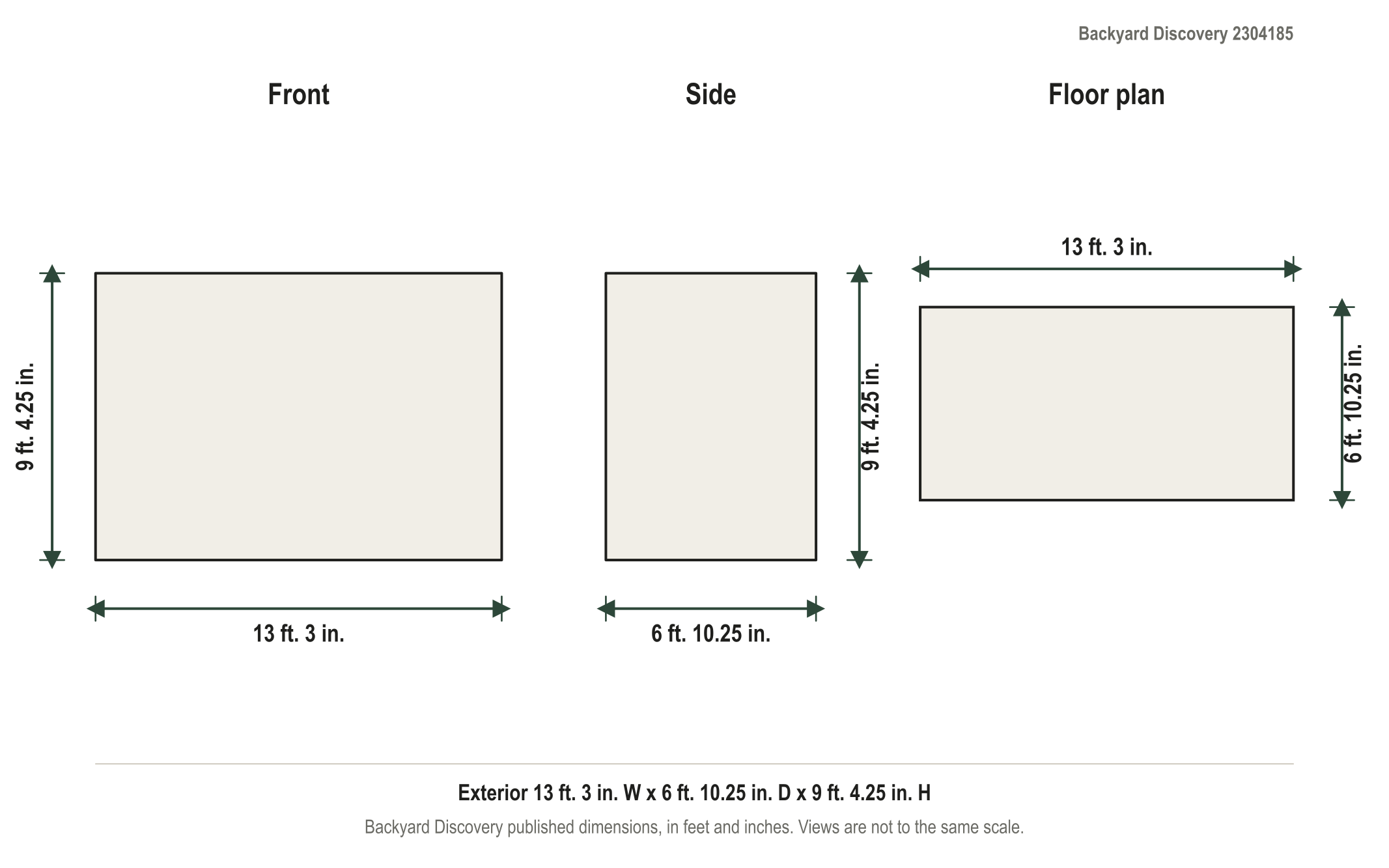 Dimension diagram: Backyard Discovery Bellerose 9' x 6' White Cedar Wood and Polycarbonate Walk-In Greenhouse Kit with Pergola, 13 ft. 3 in. wide by 6 ft. 10.25 in. deep by 9 ft. 4.25 in. tall