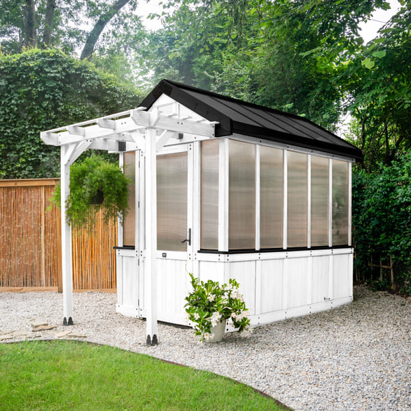 Backyard Discovery Bellerose 9' x 6' White Cedar Wood and Polycarbonate Walk-In Greenhouse Kit with Pergola