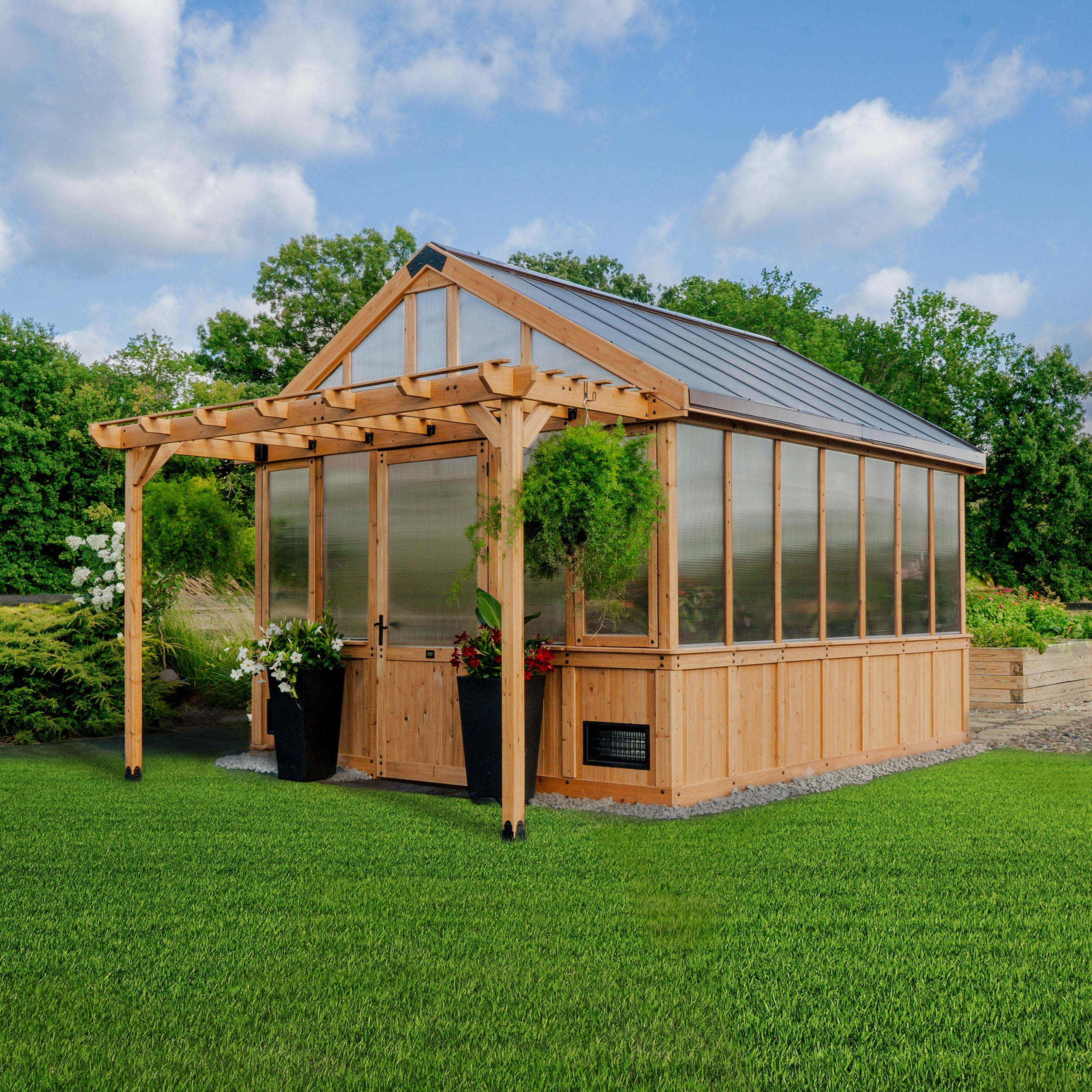 Backyard Discovery Bellerose XL 13' x 11' Cedar Wood and Polycarbonate Walk-In Greenhouse Kit with Pergola
