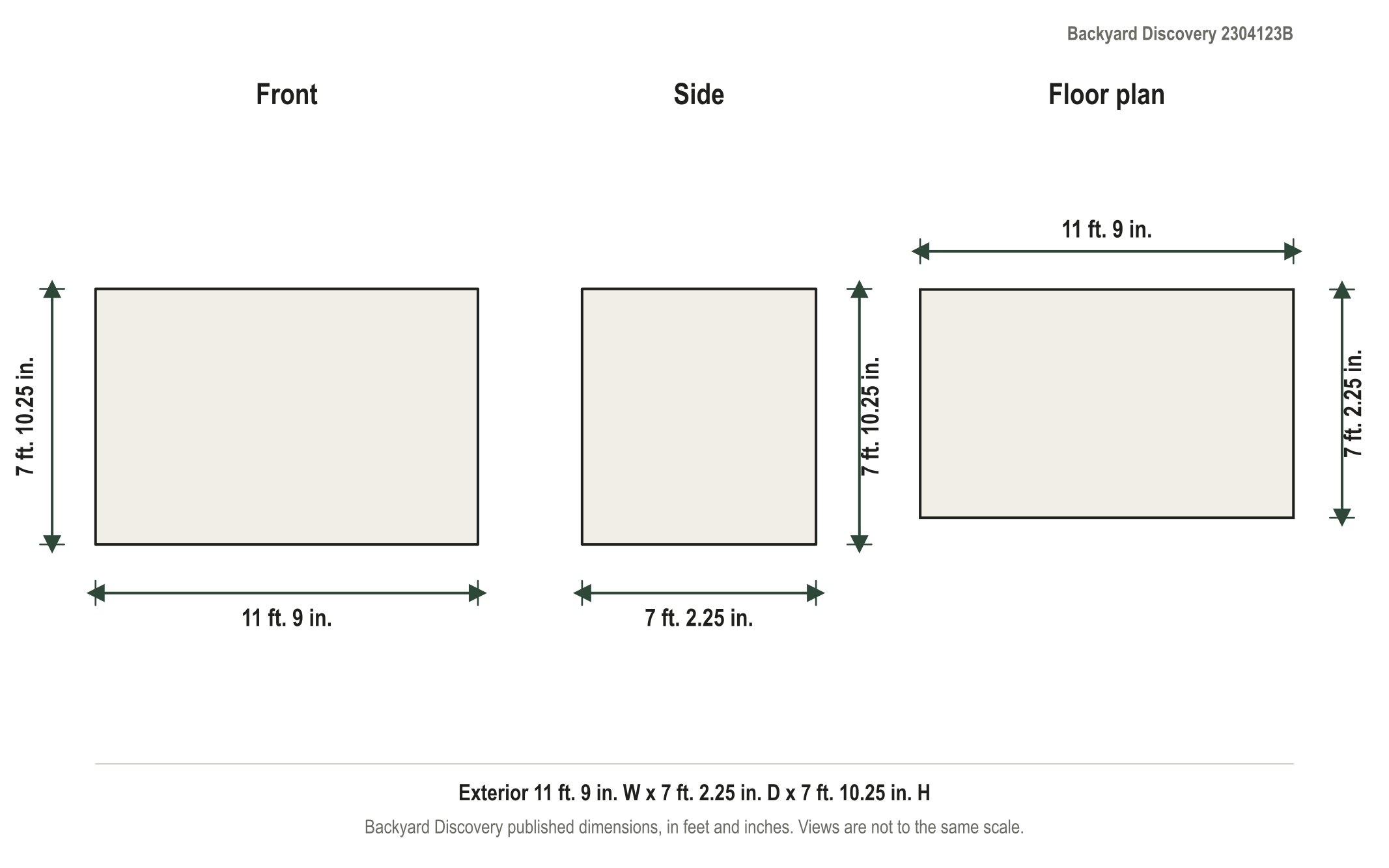 Dimension diagram: Backyard Discovery Zalie 12' x 7' (sold as 11' x 7' at some retailers) Modern Cedar Greenhouse, 11 ft. 9 in. wide by 7 ft. 2.25 in. deep by 7 ft. 10.25 in. tall