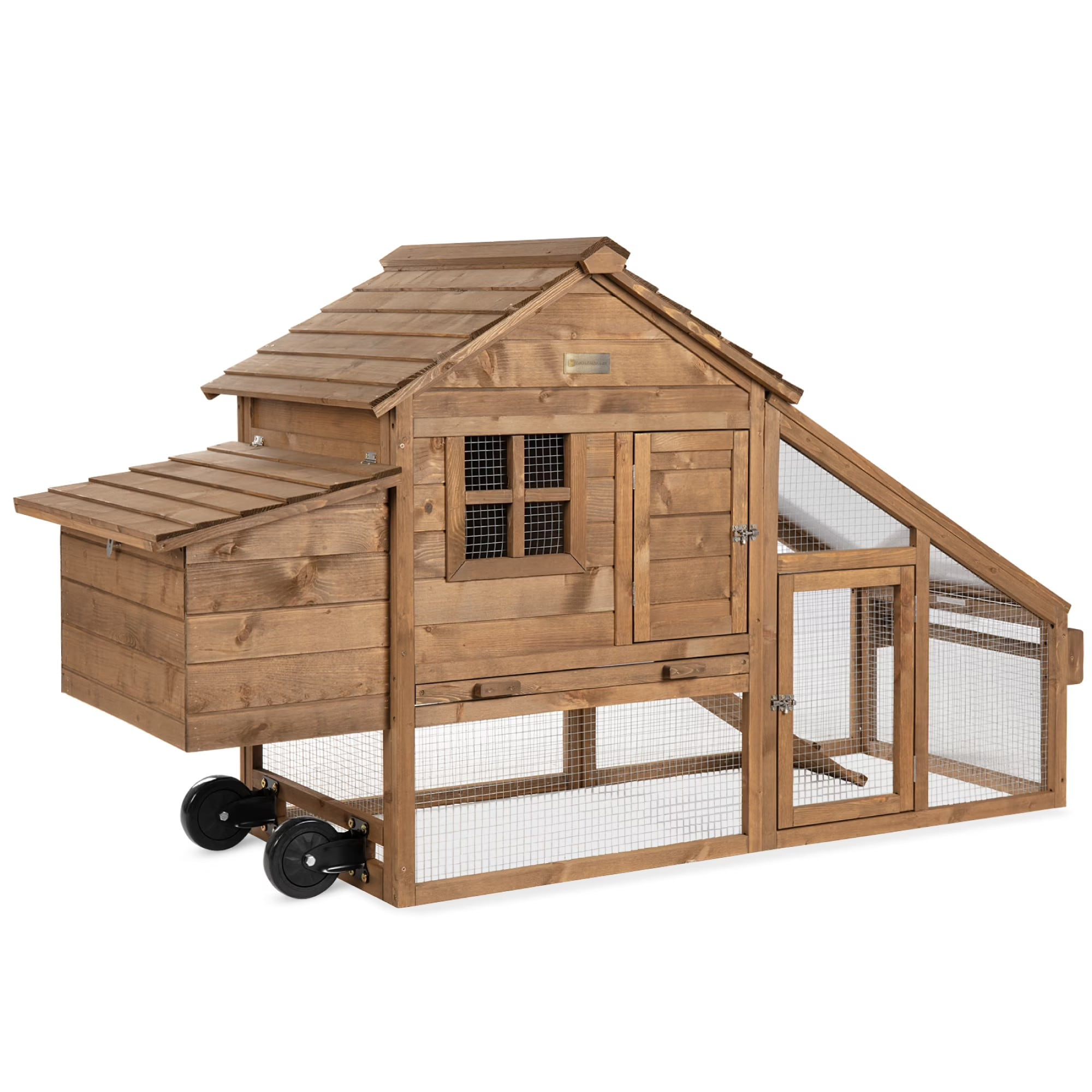 Best Choice Products 71in (70in) Mobile Fir Wood Chicken Coop Hen House w/ Wheels, 2 Doors, Nest Box, Removable Tray, UV Panel - 3-5 hens