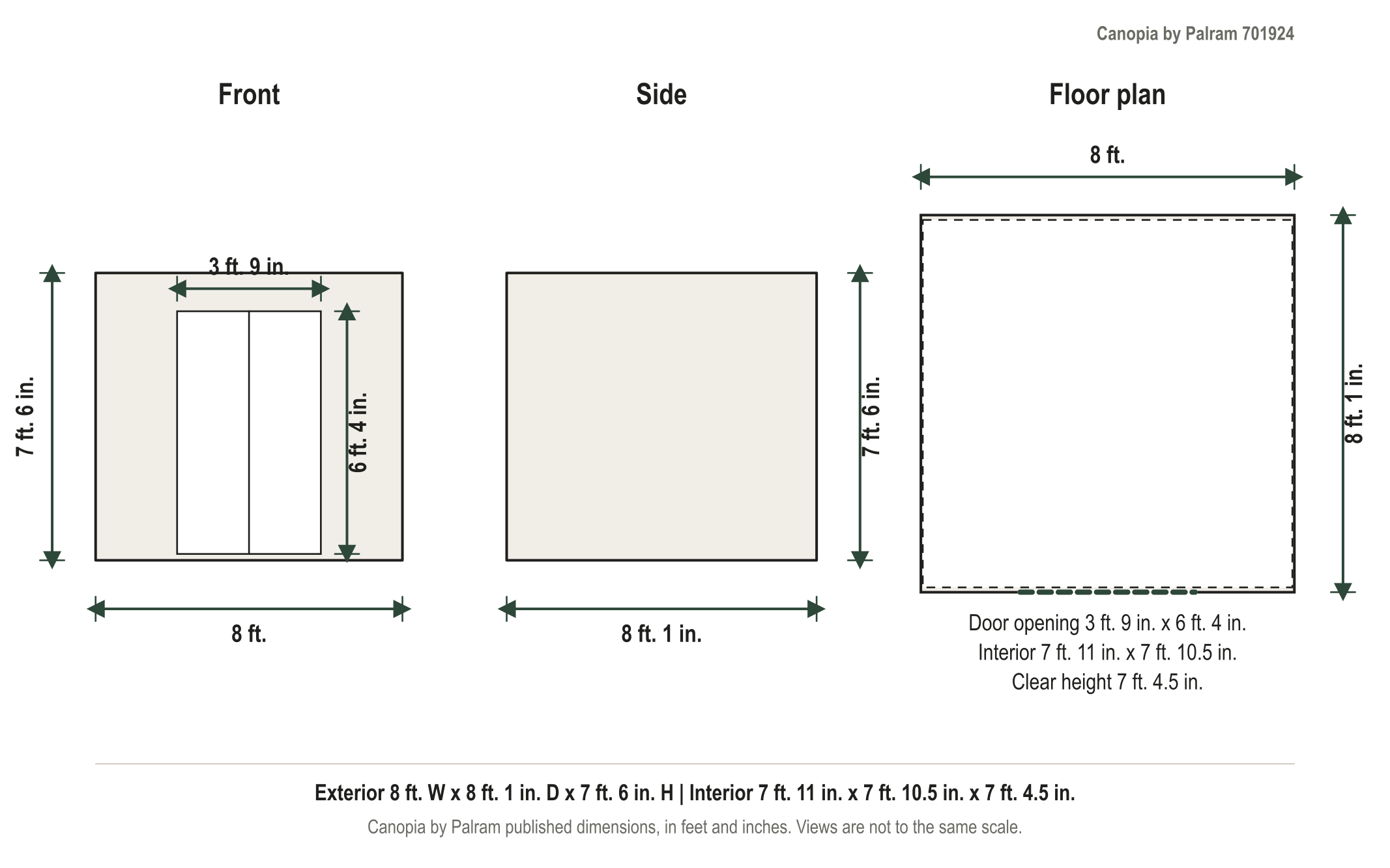Dimension diagram: Canopia by Palram Balance 8 ft. x 8 ft. Hybrid Polycarbonate Greenhouse Kit, 8 ft. wide by 8 ft. 1 in. deep by 7 ft. 6 in. tall