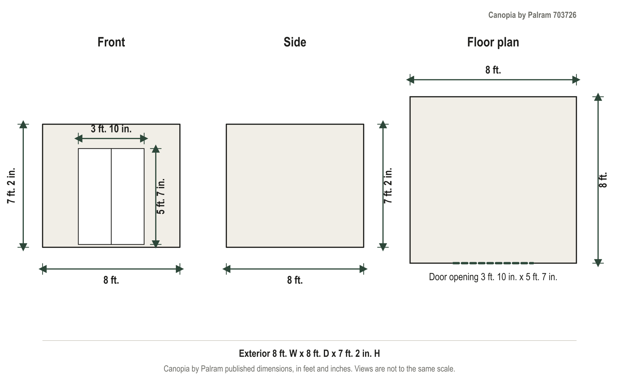 Dimension diagram: Canopia by Palram Bella 8 ft. x 8 ft. Twin-Wall Polycarbonate Greenhouse Kit, 8 ft. wide by 8 ft. deep by 7 ft. 2 in. tall