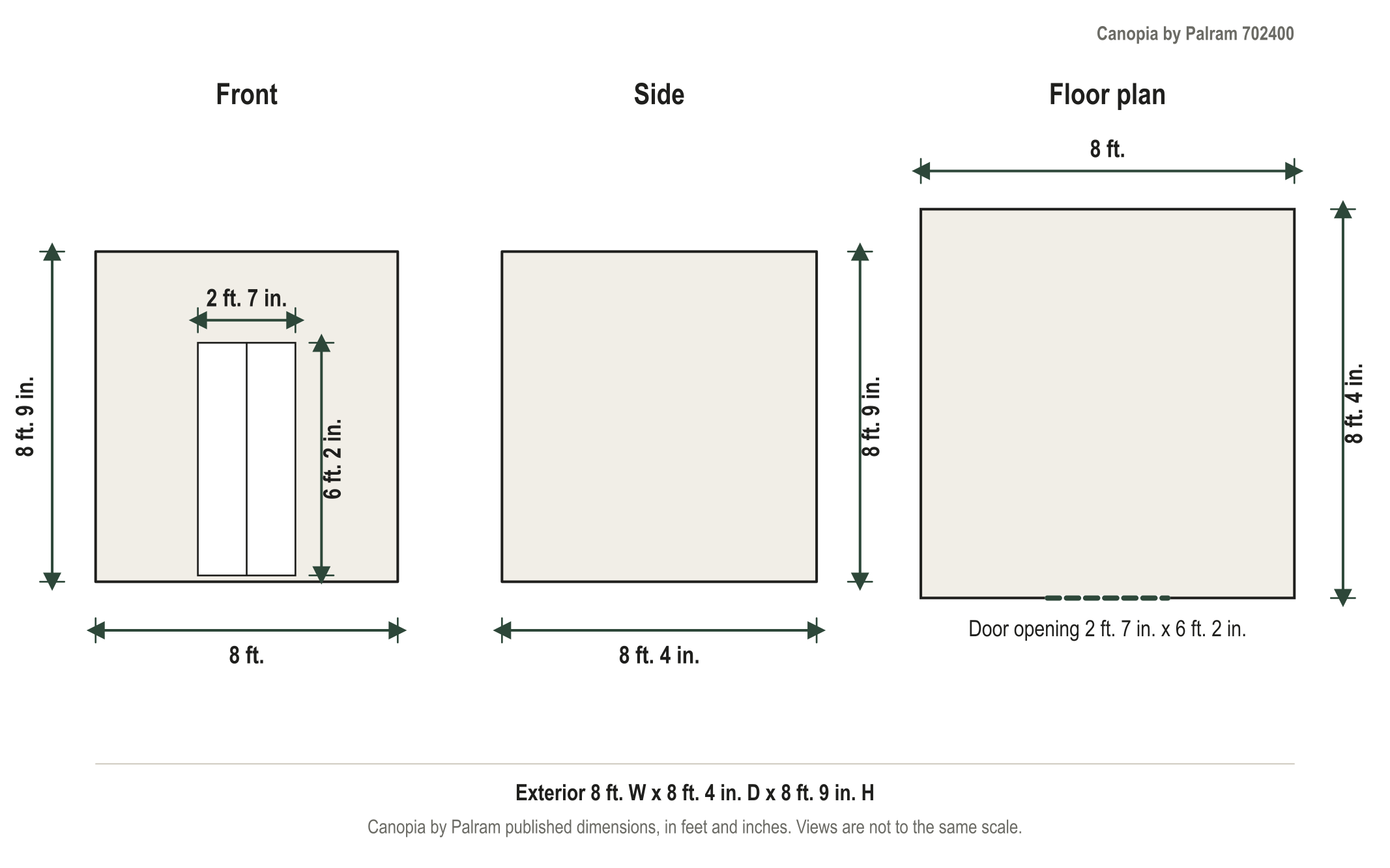 Dimension diagram: Canopia by Palram Glory 8 ft. x 8 ft. Premium Greenhouse Kit, Gray, 10 mm Twin-Wall, 8 ft. wide by 8 ft. 4 in. deep by 8 ft. 9 in. tall