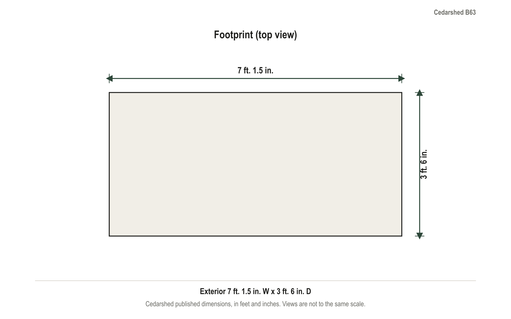 Dimension diagram: Cedarshed Bayside 6 ft. x 3 ft. Western Red Cedar Lean-To Shed Kit, 7 ft. 1.5 in. wide by 3 ft. 6 in. deep