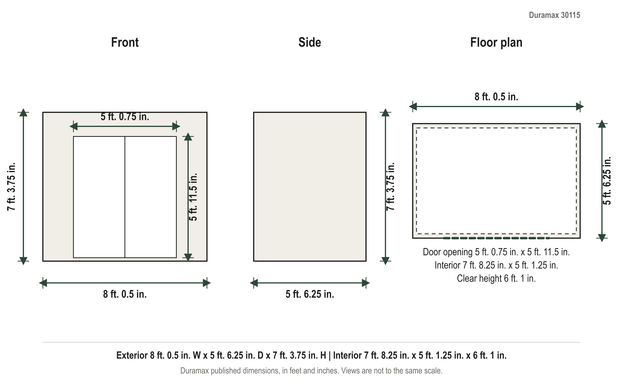 Dimension diagram: Duramax StoreAll 8 ft. x 6 ft. Vinyl Storage Shed with Foundation Kit, 8 ft. 0.5 in. wide by 5 ft. 6.25 in. deep by 7 ft. 3.75 in. tall