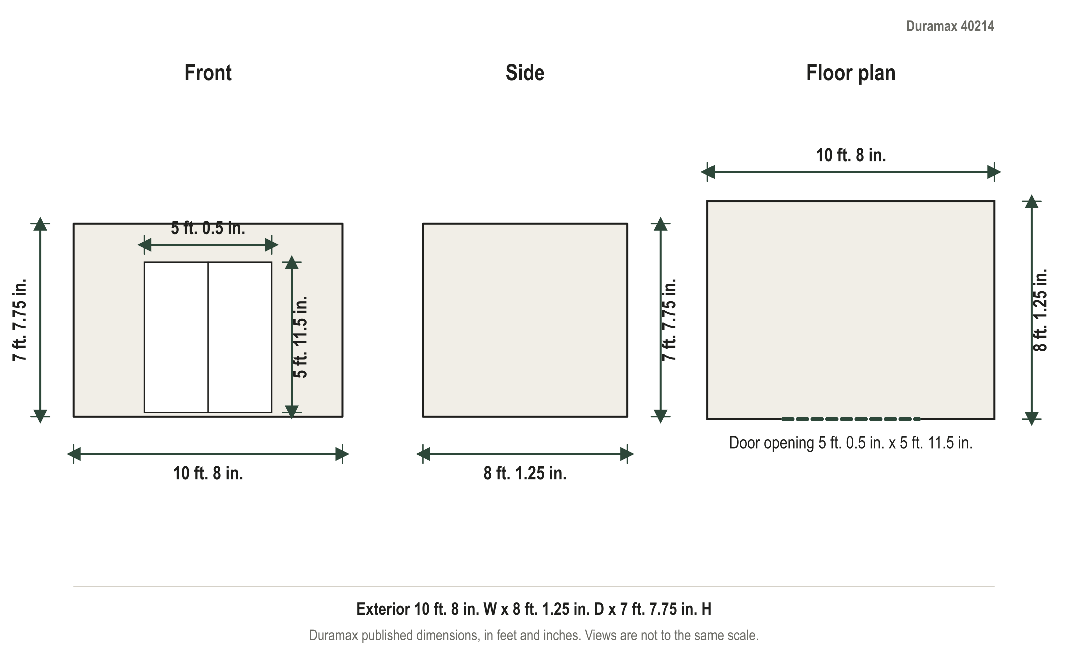 Dimension diagram: Duramax WoodBridge Plus 10.5 ft. x 8 ft. Vinyl Storage Shed (Ivory) with Foundation Kit, 10 ft. 8 in. wide by 8 ft. 1.25 in. deep by 7 ft. 7.75 in. tall