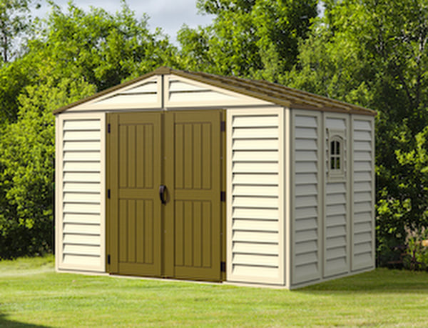 Duramax WoodBridge Plus 10.5 ft. x 8 ft. Vinyl Storage Shed (Ivory) with Foundation Kit