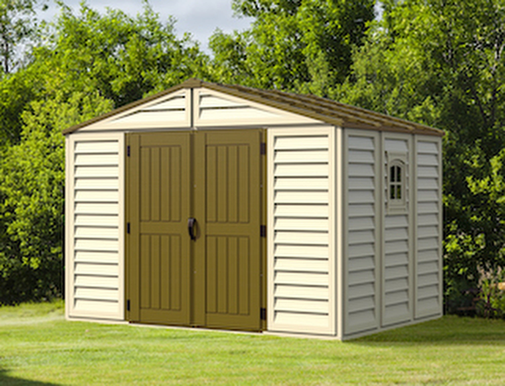 Duramax WoodBridge Plus 10.5 ft. x 8 ft. Vinyl Storage Shed (Ivory) with Foundation Kit