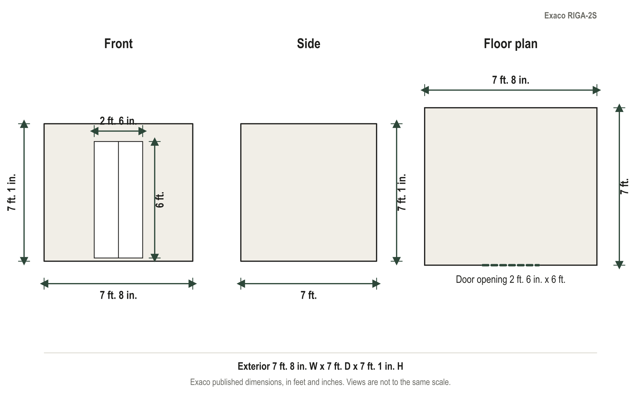 Dimension diagram: Exaco RIGA 2S 7'8" x 7' Onion-Dome Greenhouse, 7 ft. 8 in. wide by 7 ft. deep by 7 ft. 1 in. tall