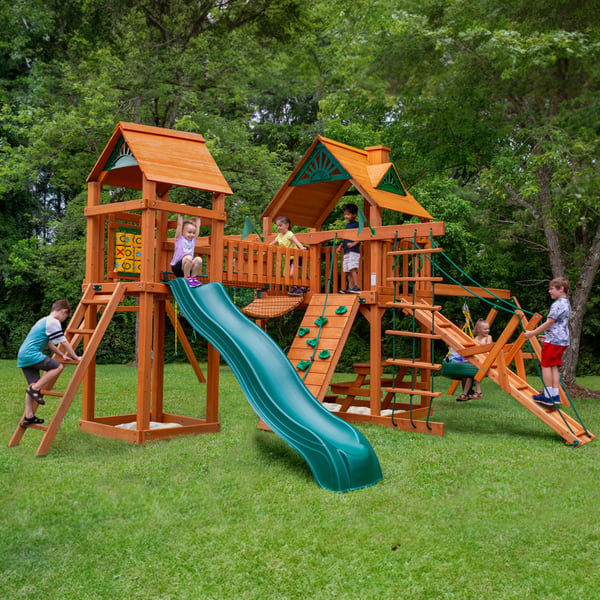 Gorilla Playsets Pioneer Peak Wood Swing Set with Green Vinyl Canopy