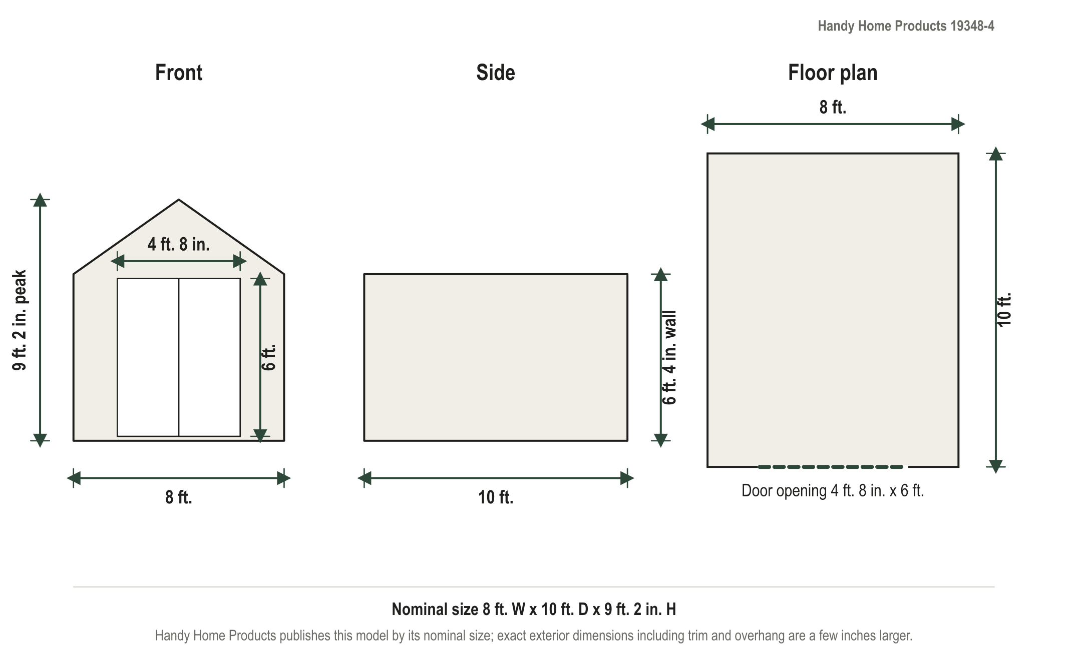 Dimension diagram: Handy Home Products Meridian 8 ft. x 10 ft. DIY Wood Storage Shed with Floor, 8 ft. wide by 10 ft. deep by 9 ft. 2 in. tall