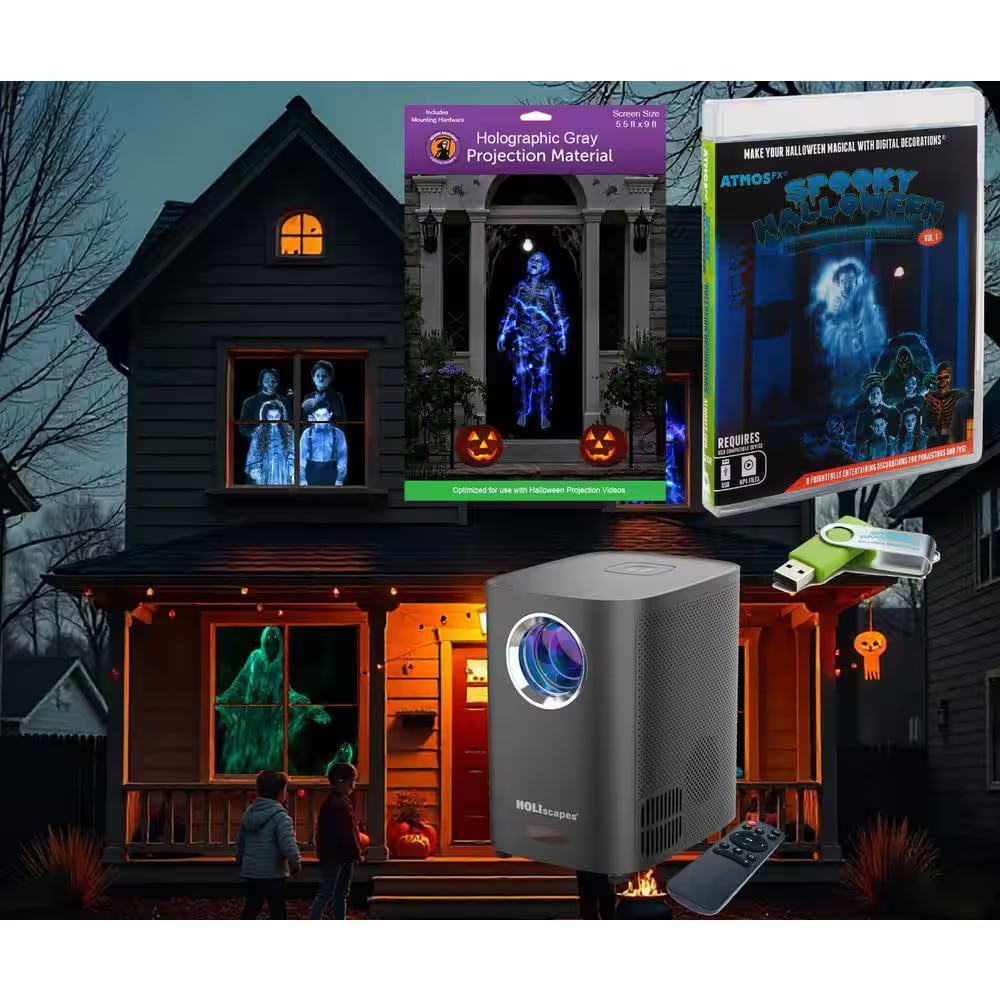 HoliScapes AtmosFX Spooky Halloween Hollusion Projector Kit, HSC400 projector + 5 ft x 9 ft gray screen + USB