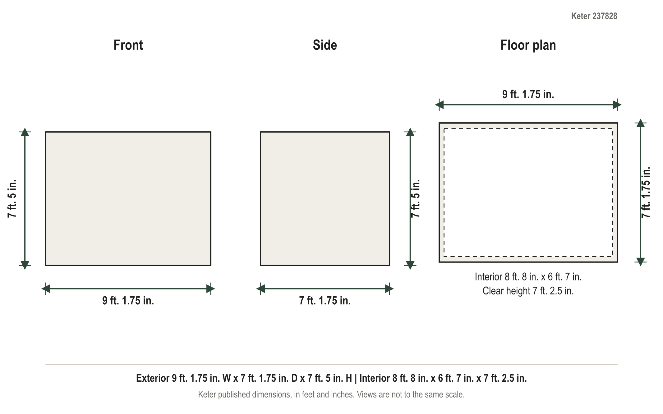 Dimension diagram: Keter Artisan 9x7 Storage Shed, 9 ft. 1.75 in. wide by 7 ft. 1.75 in. deep by 7 ft. 5 in. tall