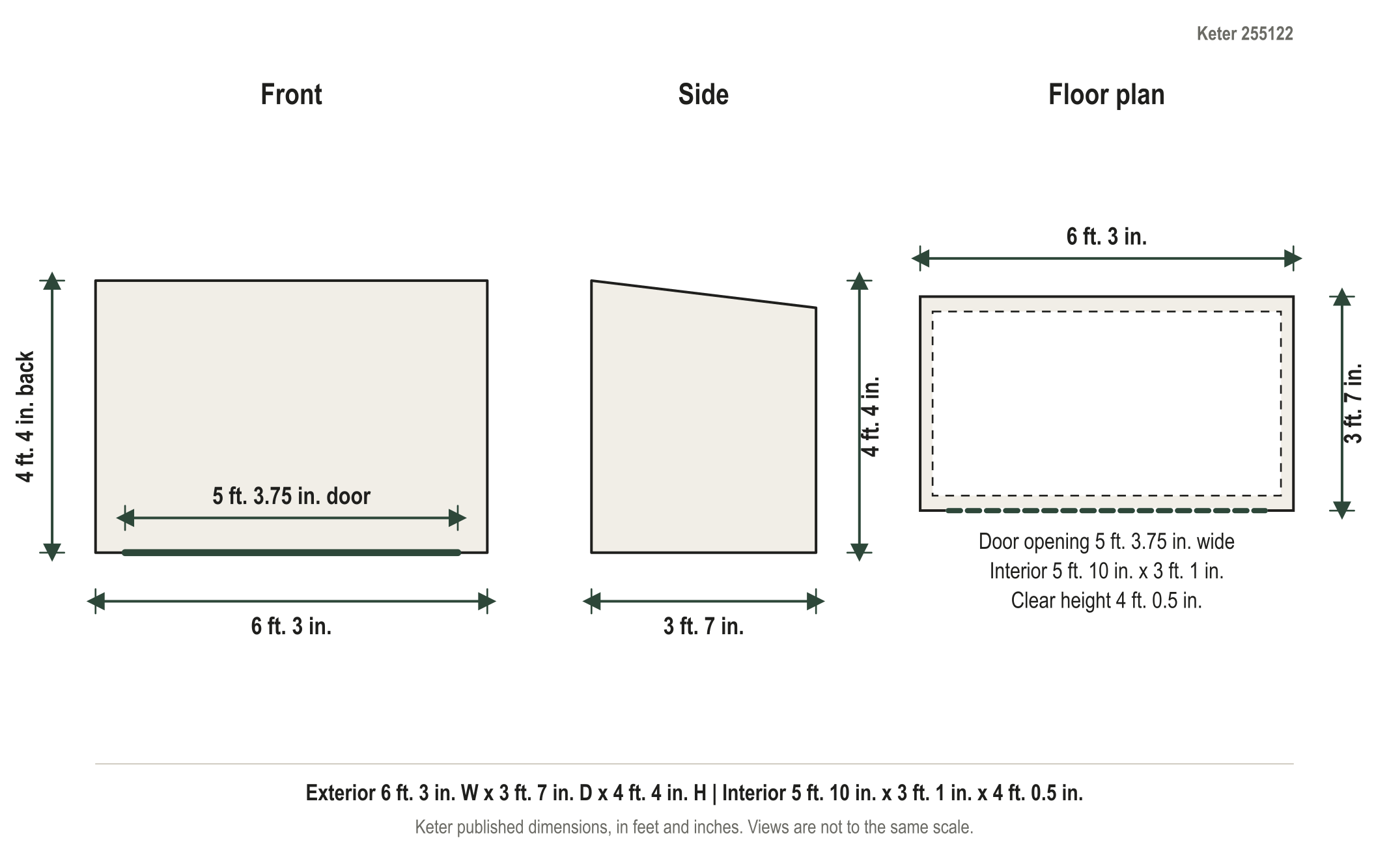 Dimension diagram: Keter Cortina Mega Horizontal Storage Shed, 6 ft. 3 in. wide by 3 ft. 7 in. deep by 4 ft. 4 in. tall