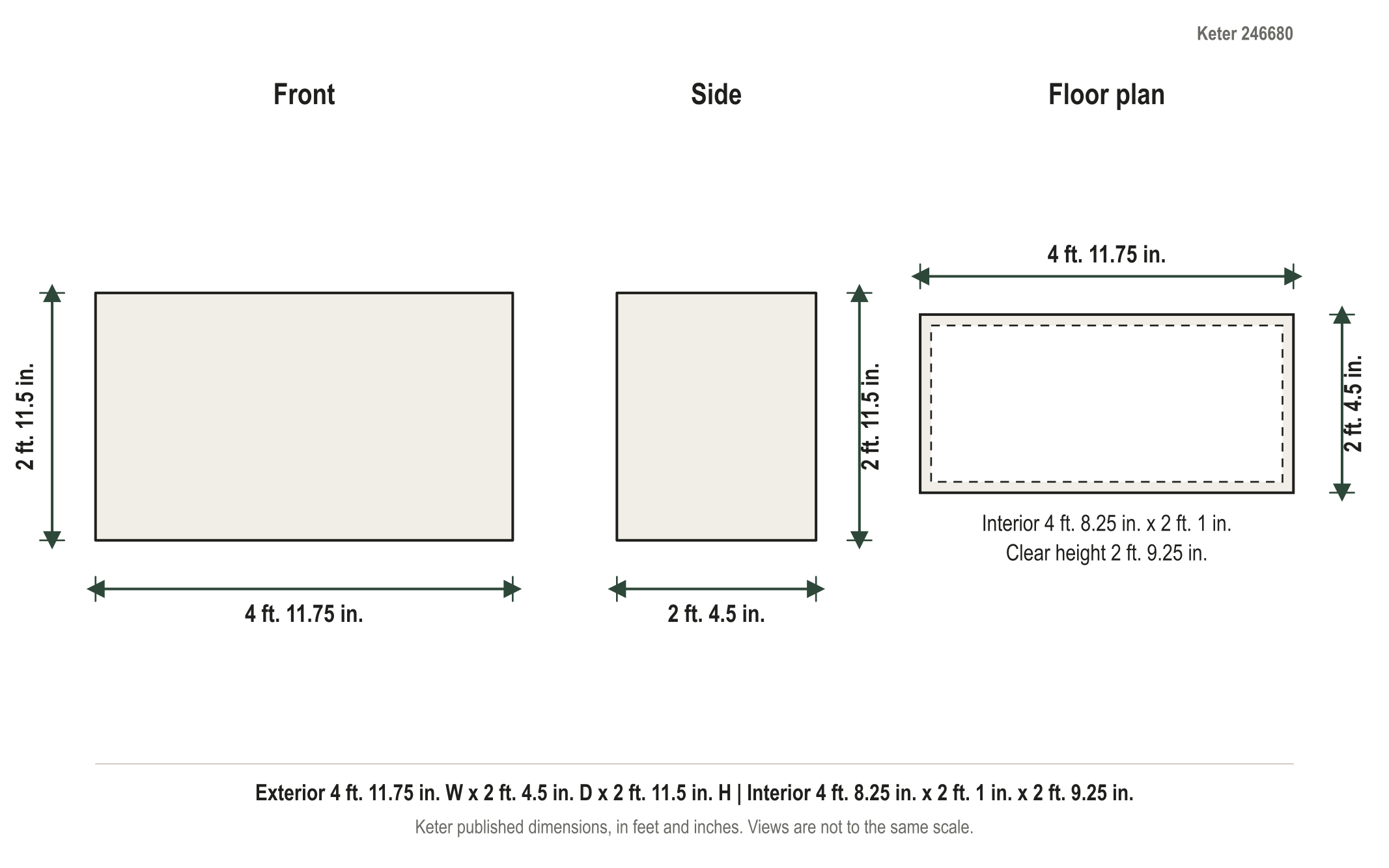Dimension diagram: Keter Denali 200-Gallon Resin Deck Box, 4 ft. 11.75 in. wide by 2 ft. 4.5 in. deep by 2 ft. 11.5 in. tall