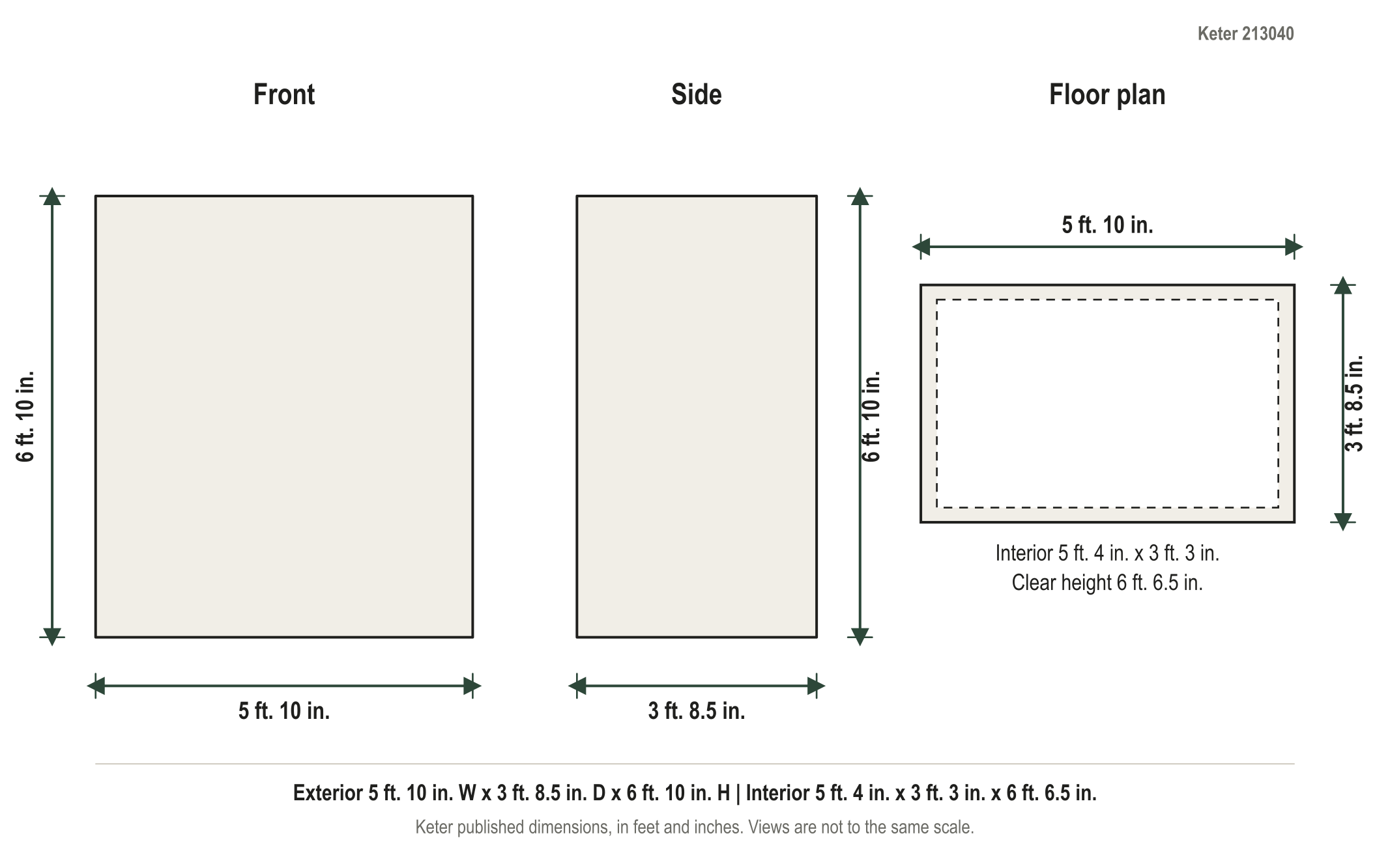 Dimension diagram: Keter Factor 6 ft. x 3 ft. Resin Outdoor Storage Shed, 5 ft. 10 in. wide by 3 ft. 8.5 in. deep by 6 ft. 10 in. tall