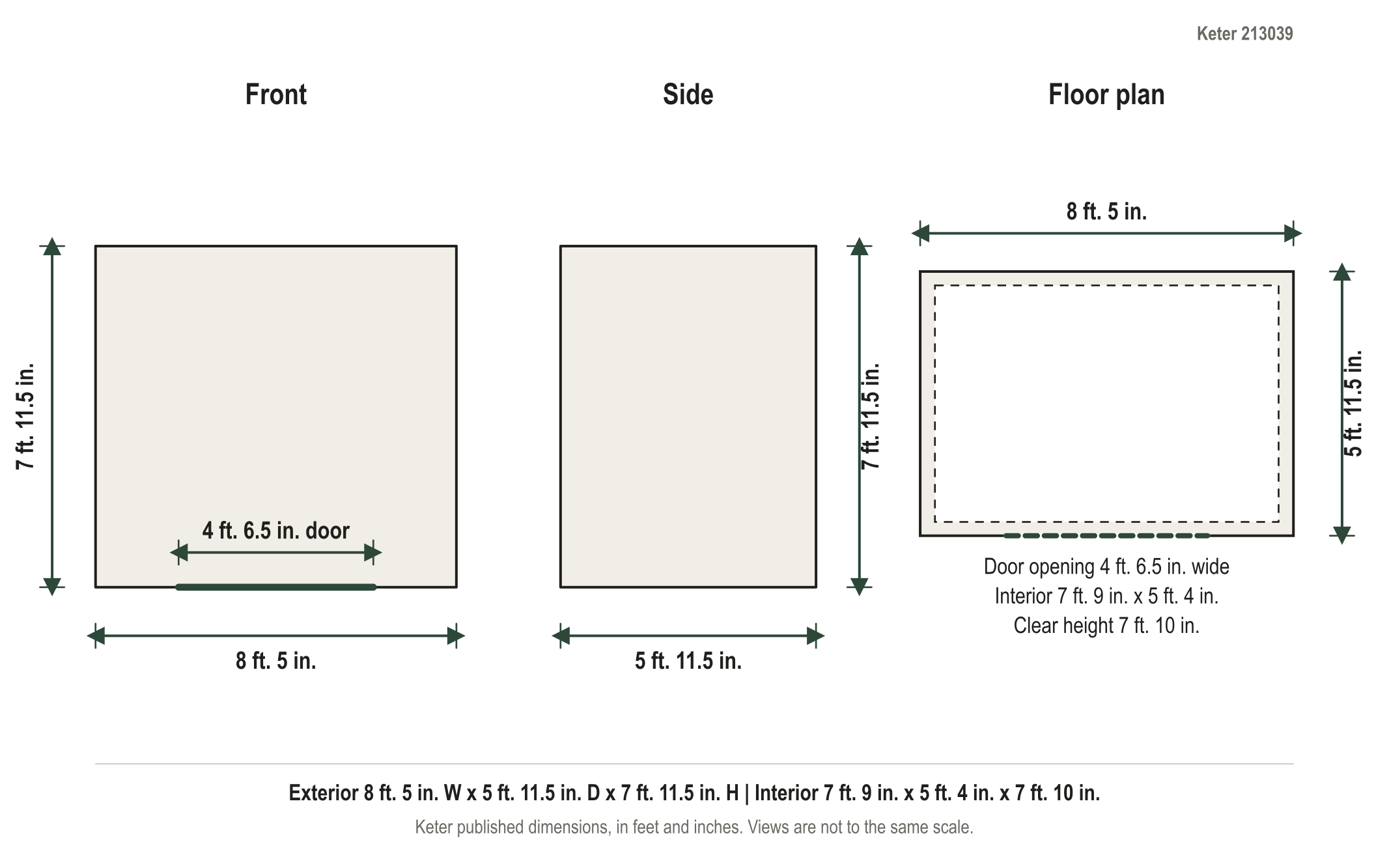 Dimension diagram: Keter Factor 8 ft. x 6 ft. Resin Outdoor Storage Shed, 8 ft. 5 in. wide by 5 ft. 11.5 in. deep by 7 ft. 11.5 in. tall