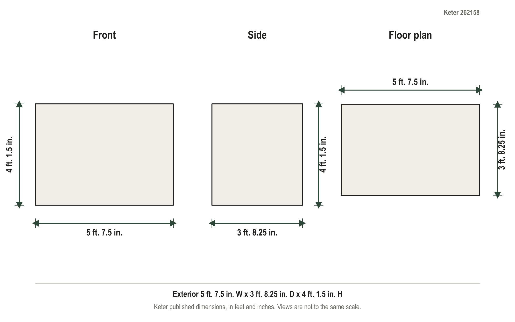 Dimension diagram: Keter Hide Away 2 x 96 Gallon Trash Can Storage Shed, 5 ft. 7.5 in. wide by 3 ft. 8.25 in. deep by 4 ft. 1.5 in. tall