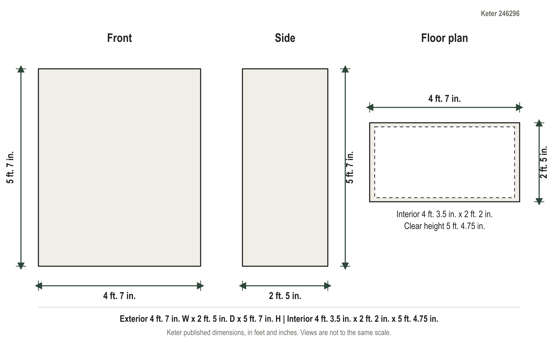 Dimension diagram: Keter High Store+ (Plus) 50 cu ft Vertical Resin Storage Shed, 4 ft. 7 in. wide by 2 ft. 5 in. deep by 5 ft. 7 in. tall