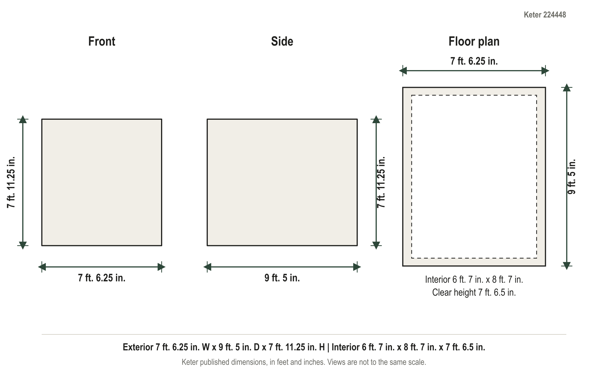 Dimension diagram: Keter Oakland 7.5 ft. x 9 ft. DUOTECH Resin Storage Shed, 7 ft. 6.25 in. wide by 9 ft. 5 in. deep by 7 ft. 11.25 in. tall