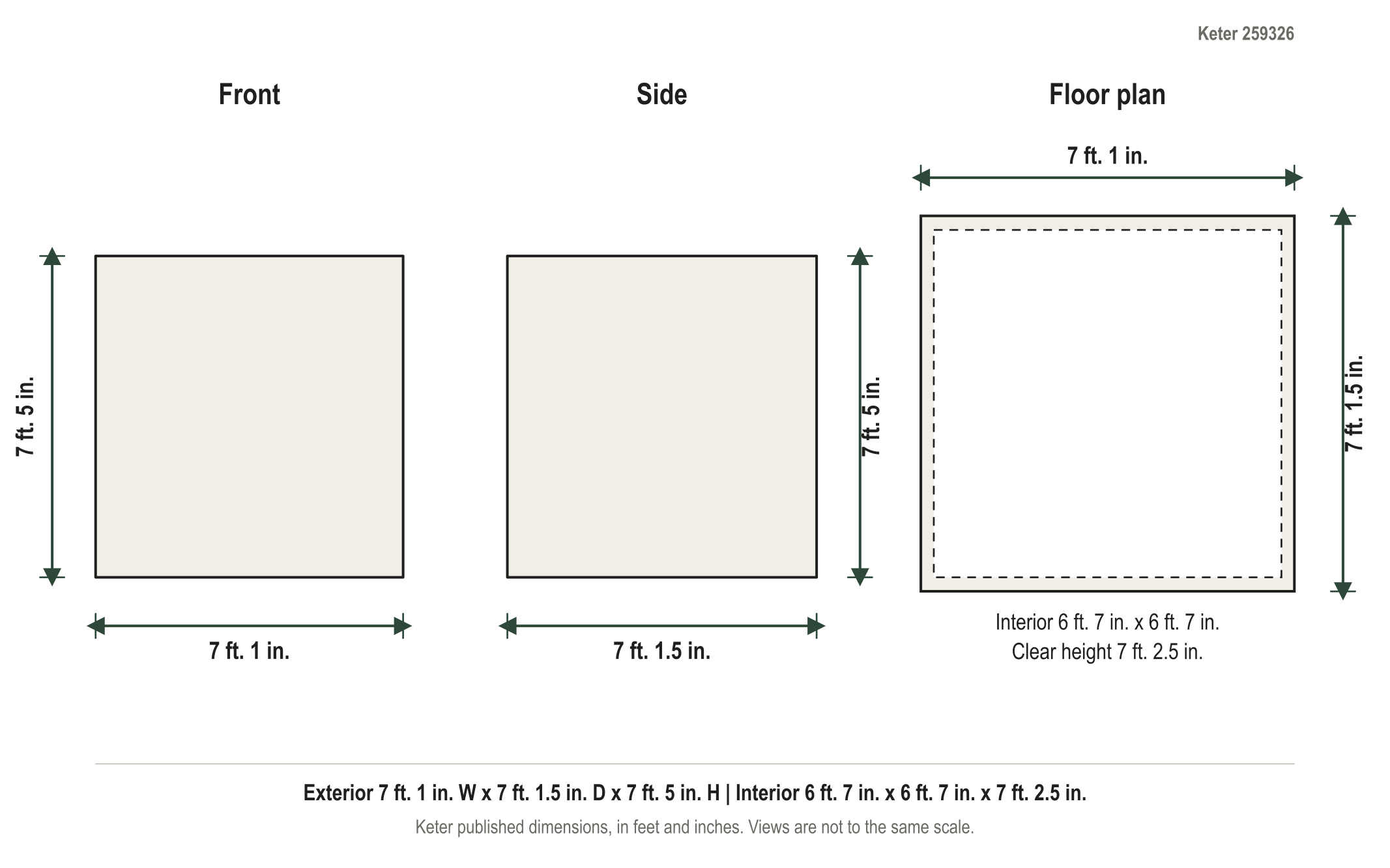 Dimension diagram: Keter Signature 7x7 Storage Shed - Walnut Brown, 7 ft. 1 in. wide by 7 ft. 1.5 in. deep by 7 ft. 5 in. tall