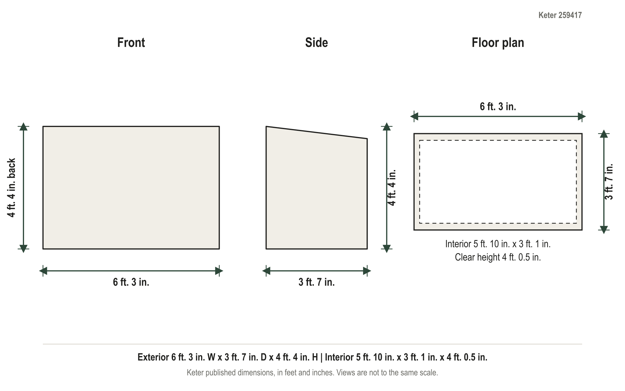 Dimension diagram: Keter Signature Horizontal Storage Shed, 6 ft. 3 in. wide by 3 ft. 7 in. deep by 4 ft. 4 in. tall
