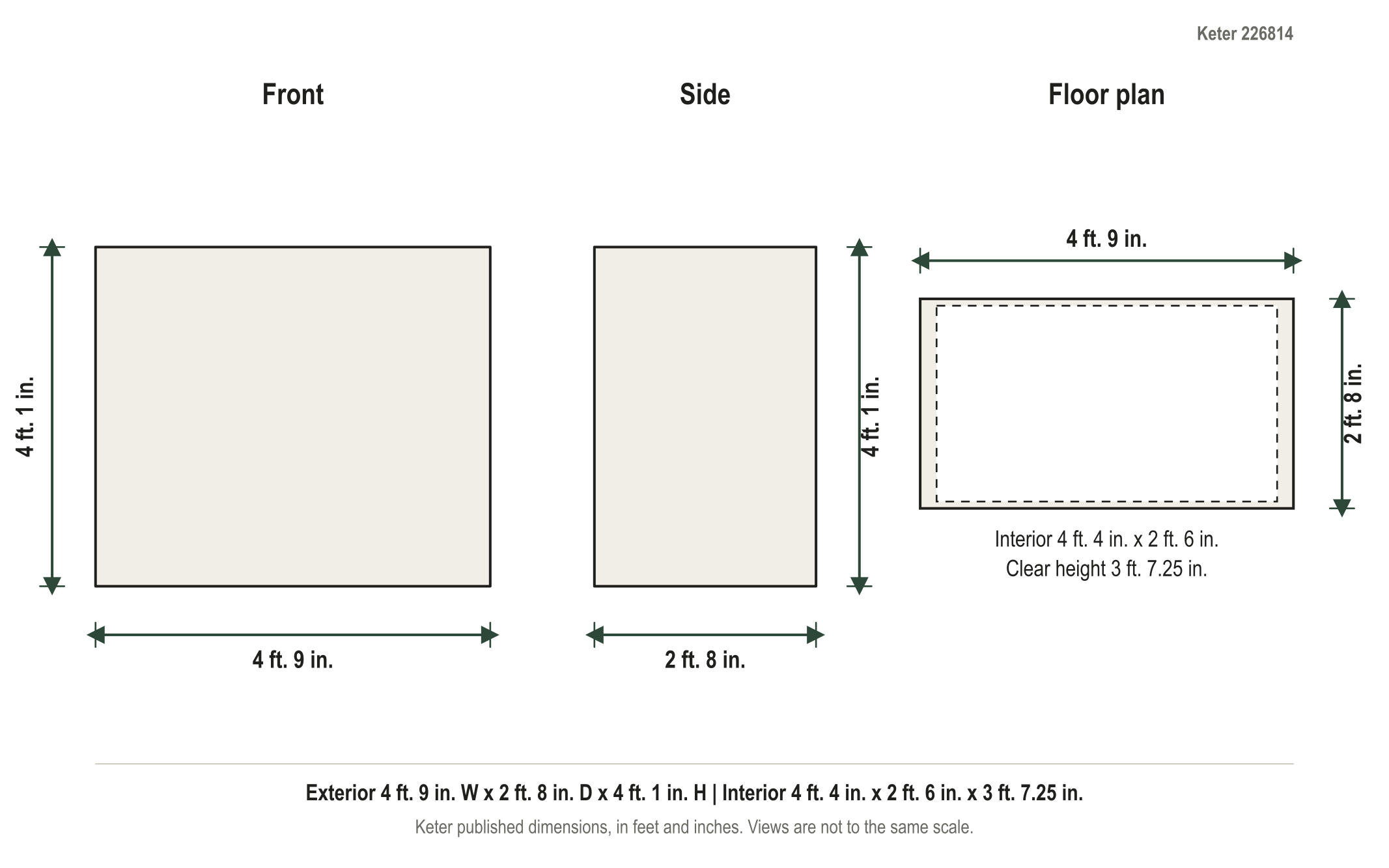 Dimension diagram: Keter Store-It-Out MAX 4.8 x 2.7 ft Horizontal Resin Storage Shed (42 cu ft), 4 ft. 9 in. wide by 2 ft. 8 in. deep by 4 ft. 1 in. tall