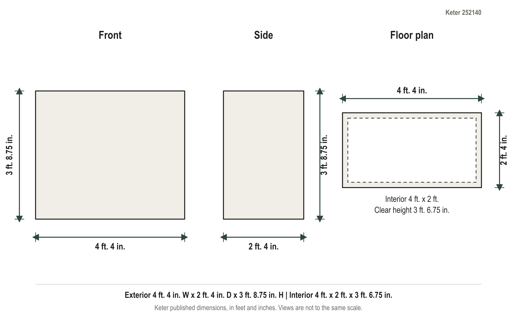 Dimension diagram: Keter Store-It-Out Prime 4.3 x 2.3 ft Resin Storage Shed (31 cu ft), 4 ft. 4 in. wide by 2 ft. 4 in. deep by 3 ft. 8.75 in. tall