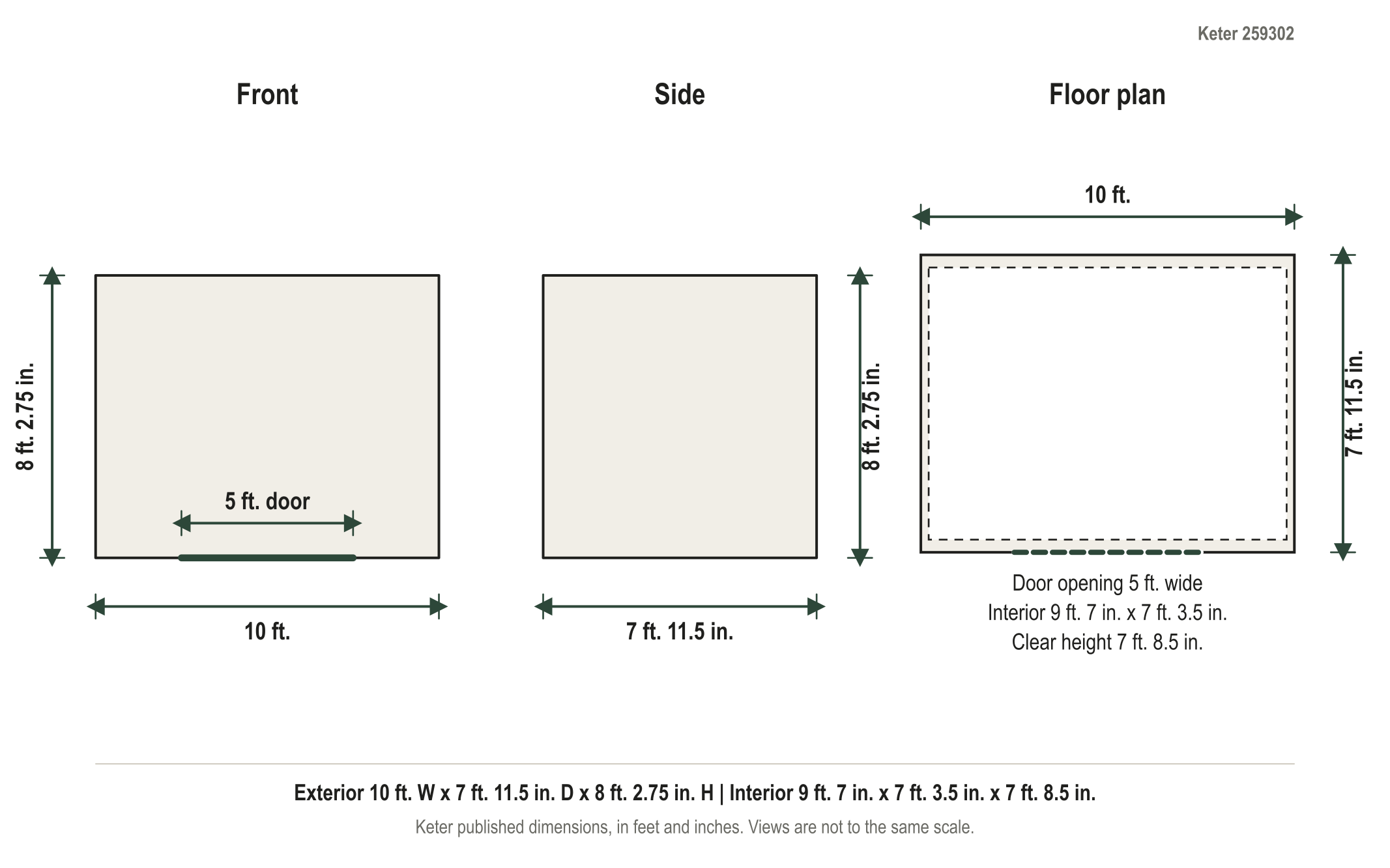 Dimension diagram: Keter Stronghold 2.0 10 ft. x 8 ft. Resin Storage Shed with Floor, 10 ft. wide by 7 ft. 11.5 in. deep by 8 ft. 2.75 in. tall