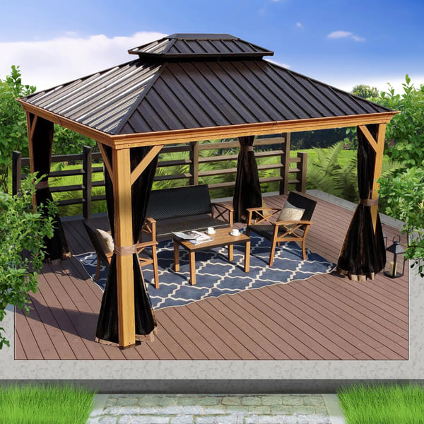 Kozyard Apollo 10 ft. x 12 ft. Wood-Like Aluminum Hardtop Gazebo with Galvanized Steel Roof and Mosquito Net