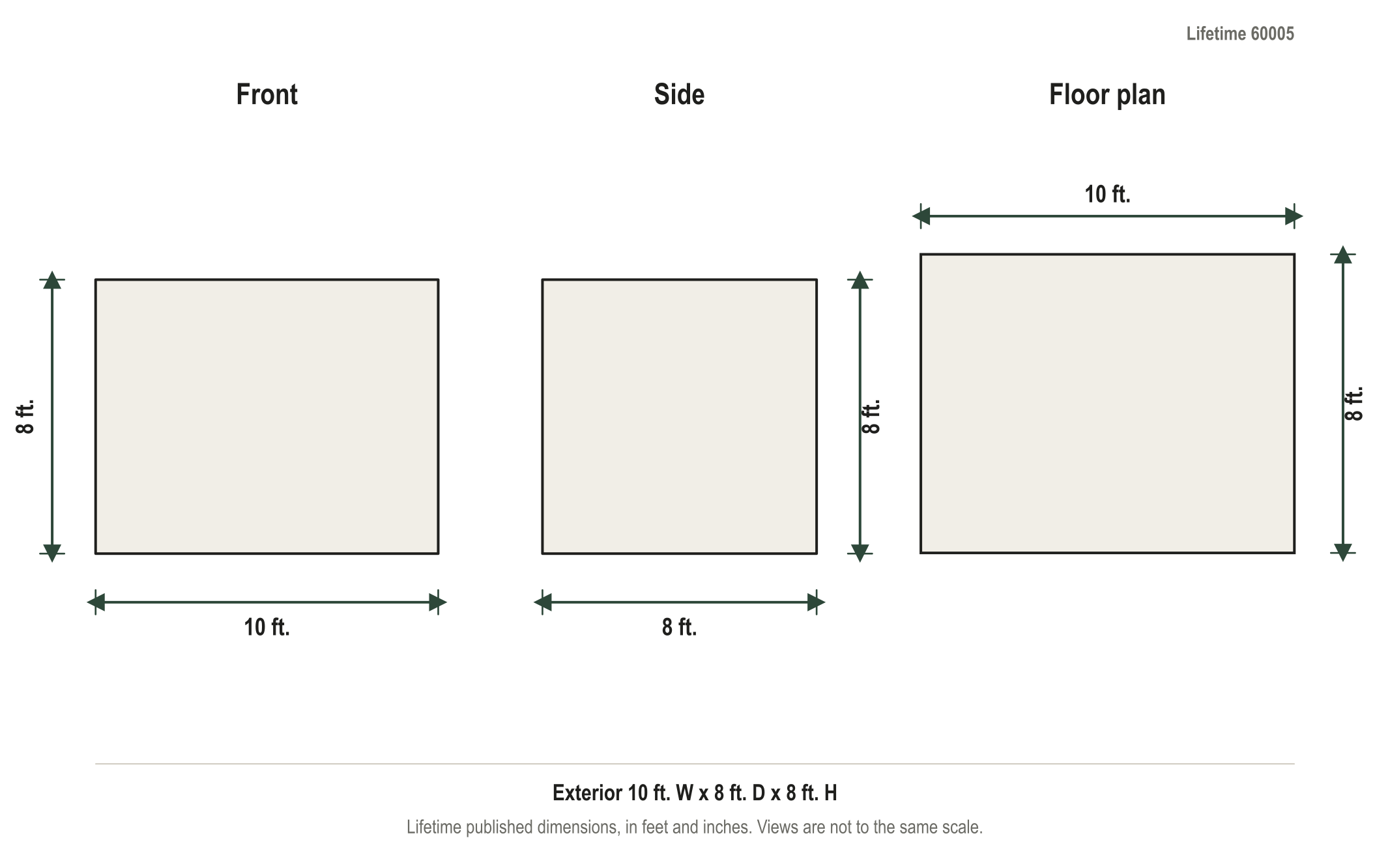 Dimension diagram: Lifetime 10 ft. x 8 ft. Outdoor Storage Shed, 10 ft. wide by 8 ft. deep by 8 ft. tall