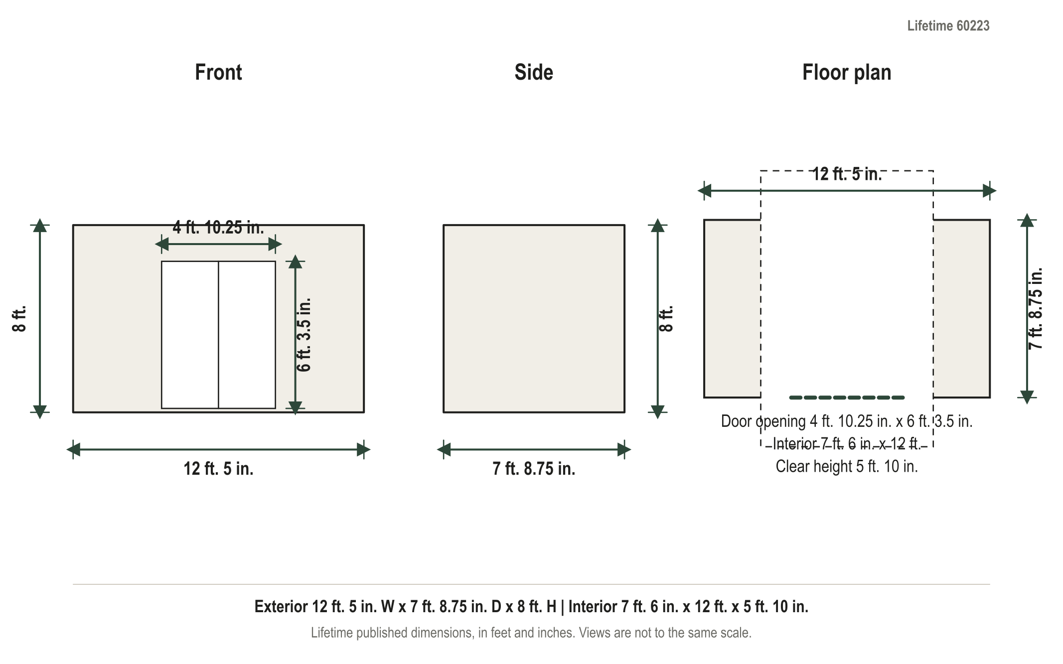 Dimension diagram: Lifetime 12.5 ft. x 8 ft. Outdoor Storage Shed, 12 ft. 5 in. wide by 7 ft. 8.75 in. deep by 8 ft. tall