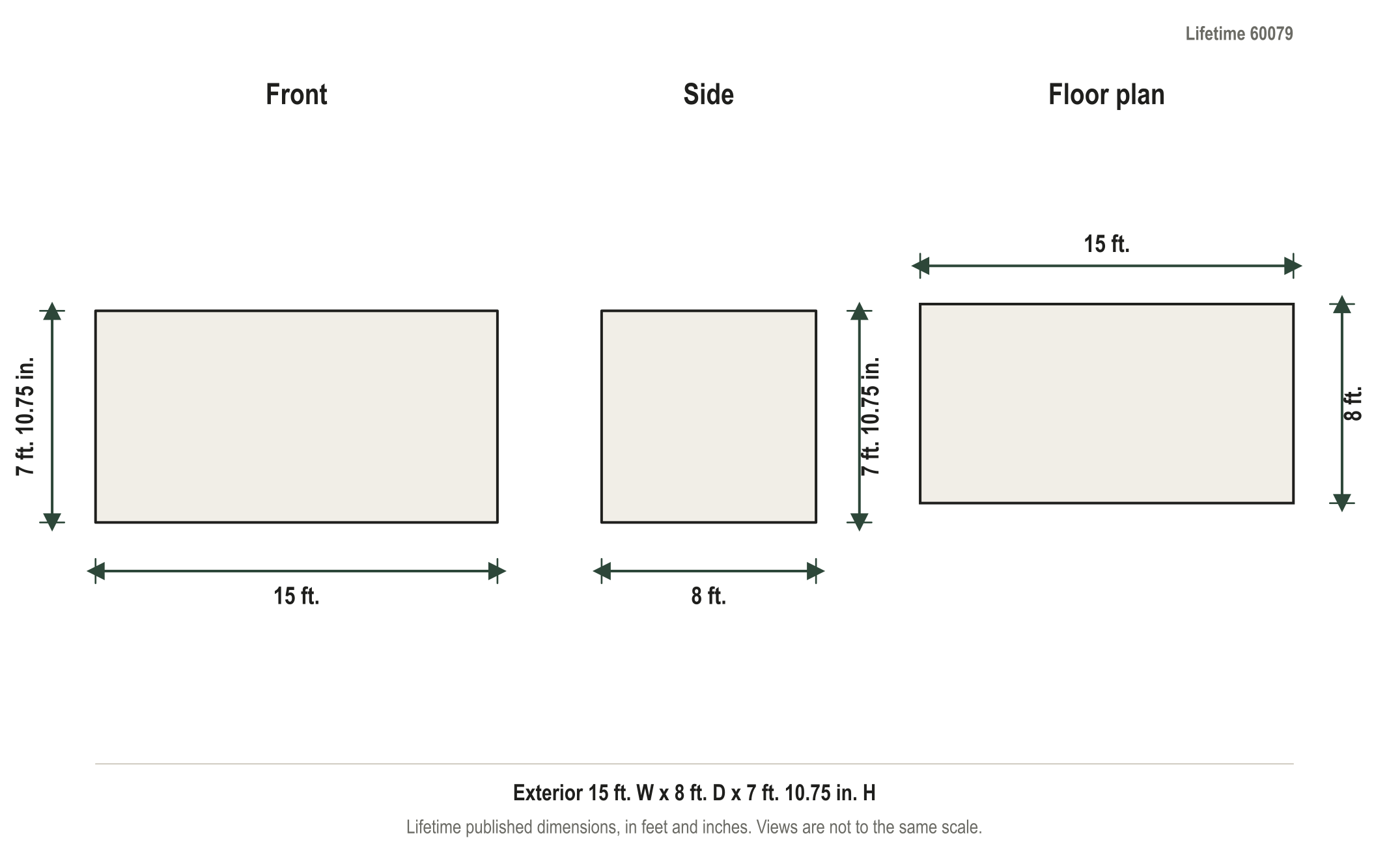 Dimension diagram: Lifetime 15 ft. x 8 ft. Dual-Entry Outdoor Storage Shed, 15 ft. wide by 8 ft. deep by 7 ft. 10.75 in. tall
