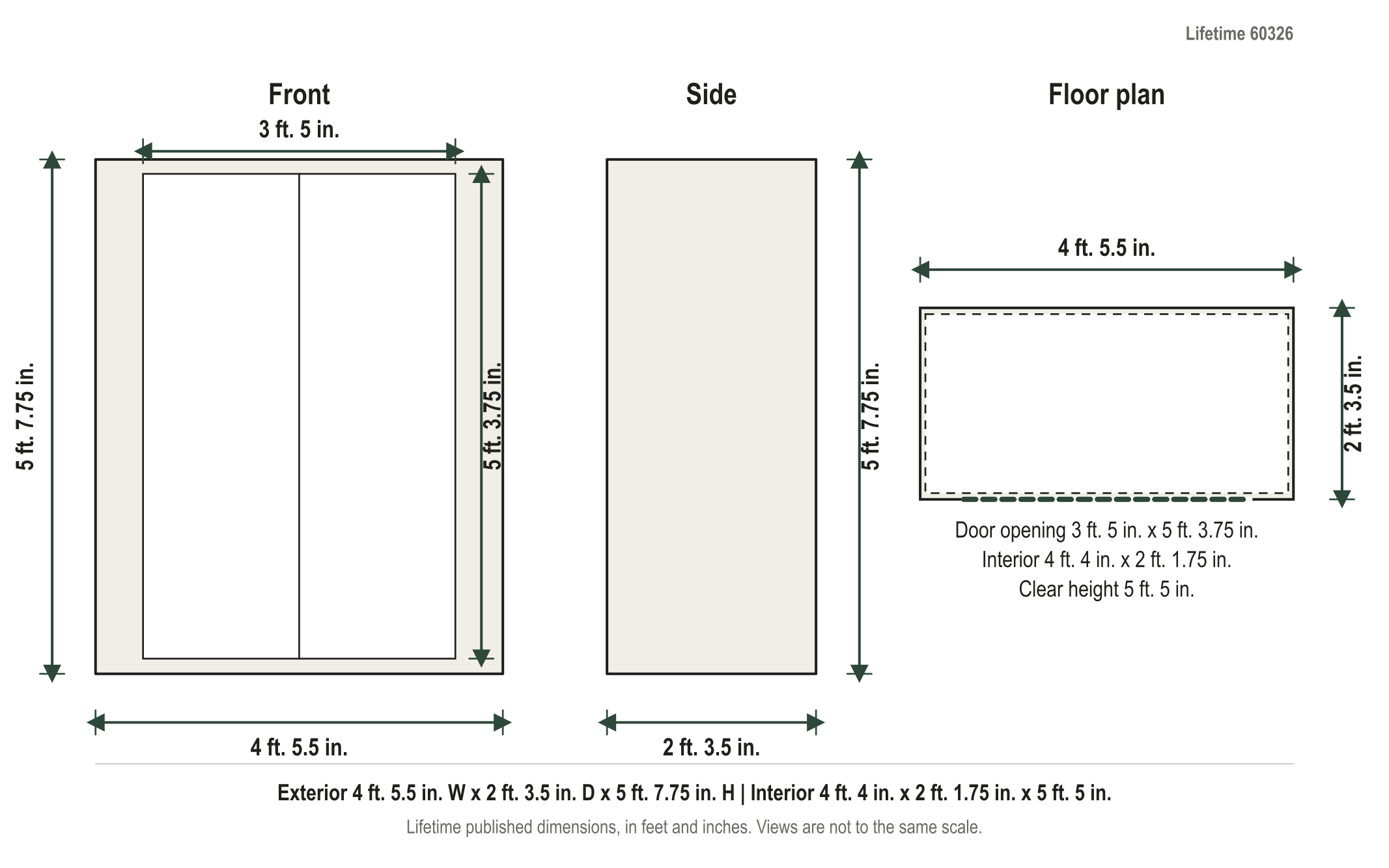 Dimension diagram: Lifetime 53 cu ft Vertical Polyethylene Storage Shed, 4 ft. 5.5 in. wide by 2 ft. 3.5 in. deep by 5 ft. 7.75 in. tall