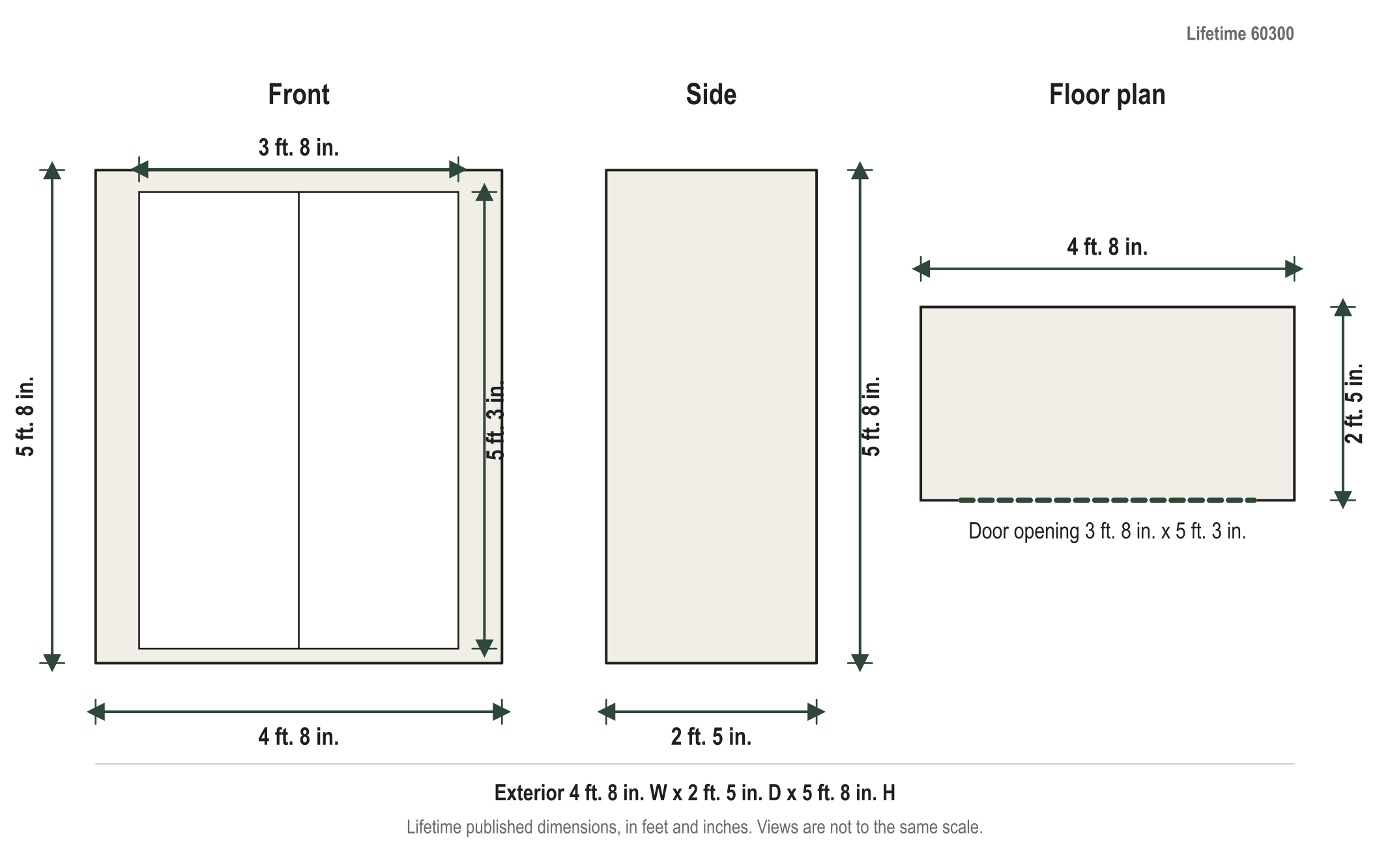 Dimension diagram: Lifetime 53 cu. ft. Vertical Storage Shed, 4 ft. 8 in. wide by 2 ft. 5 in. deep by 5 ft. 8 in. tall