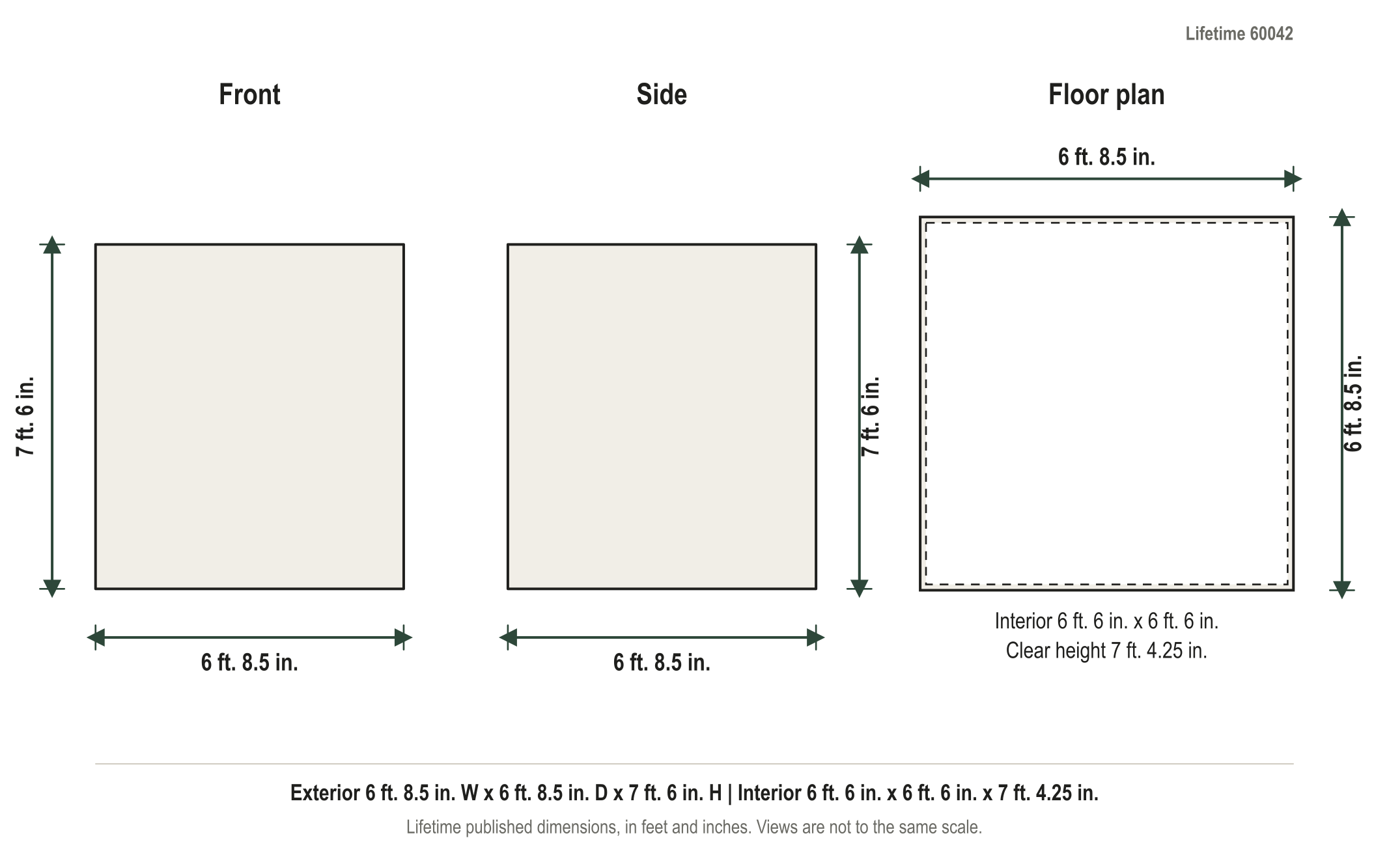 Dimension diagram: Lifetime 7 ft. x 7 ft. Outdoor Storage Shed, 6 ft. 8.5 in. wide by 6 ft. 8.5 in. deep by 7 ft. 6 in. tall