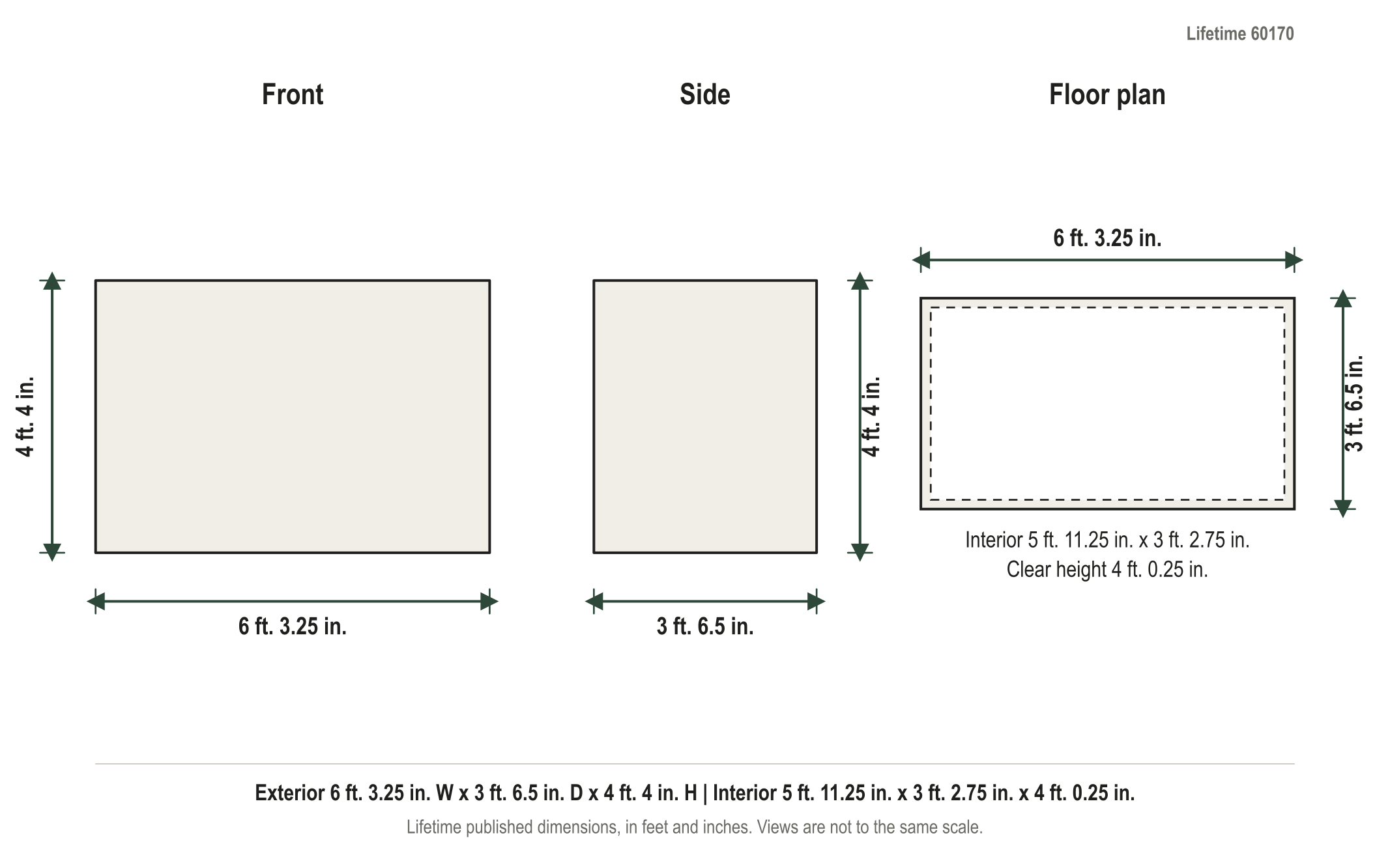 Dimension diagram: Lifetime 75 cu. ft. Horizontal Storage Shed, 6 ft. 3.25 in. wide by 3 ft. 6.5 in. deep by 4 ft. 4 in. tall