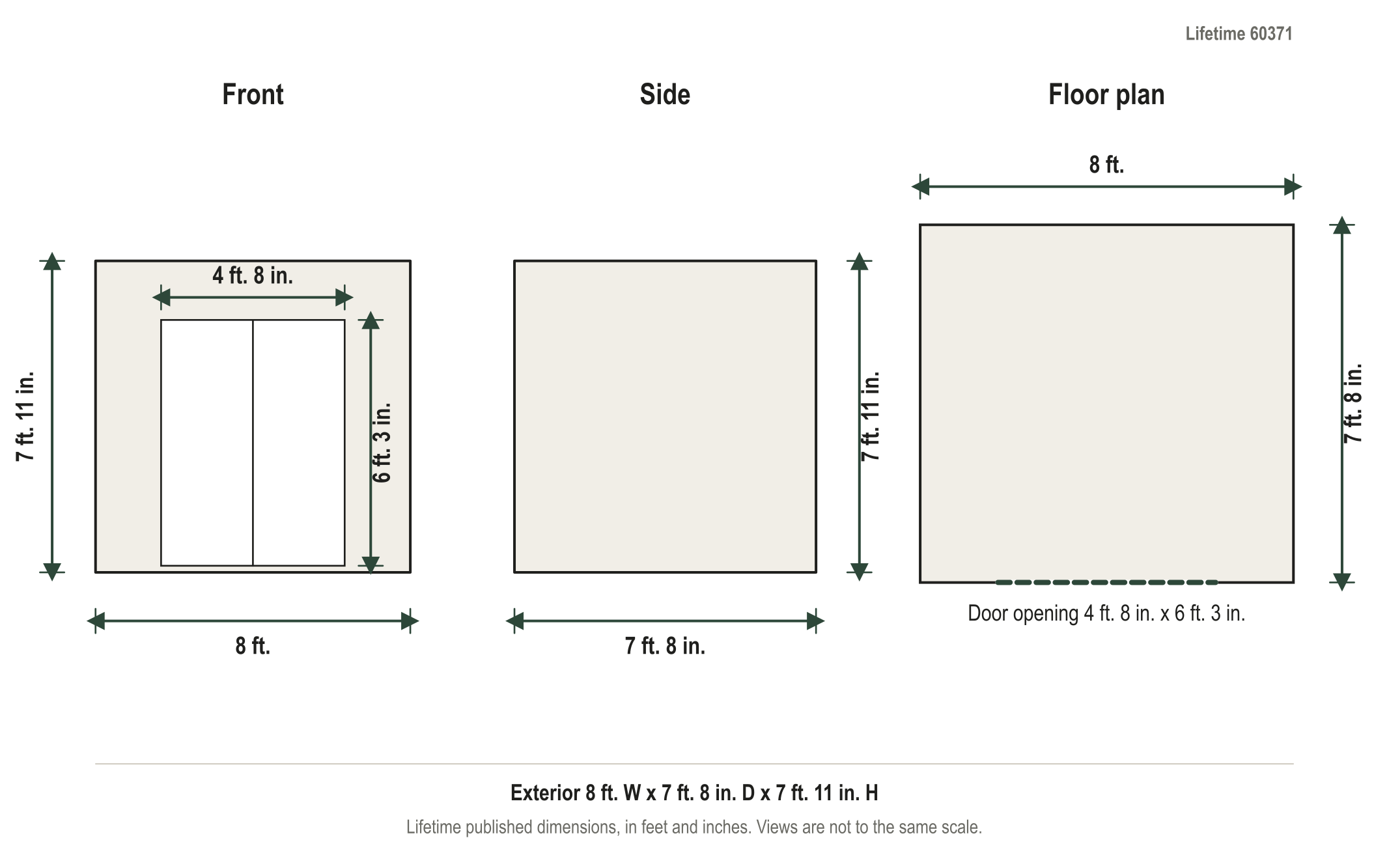 Dimension diagram: Lifetime 8 ft. x 10 ft. Outdoor Storage Shed, 8 ft. wide by 7 ft. 8 in. deep by 7 ft. 11 in. tall