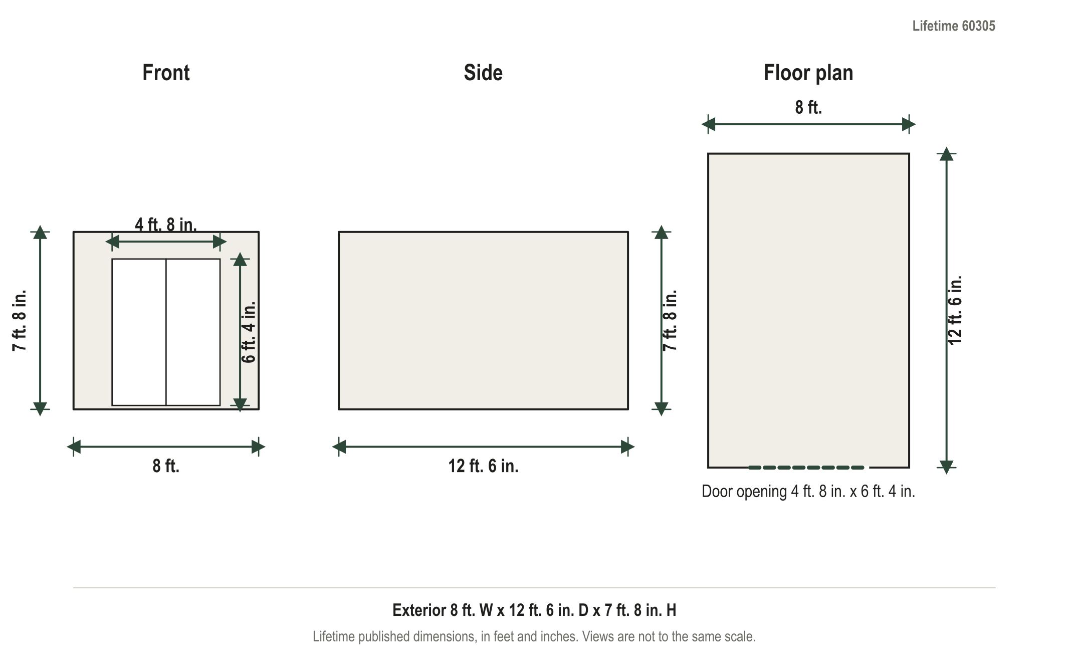 Dimension diagram: Lifetime 8 ft. x 12.5 ft. Resin Outdoor Storage Shed, 8 ft. wide by 12 ft. 6 in. deep by 7 ft. 8 in. tall