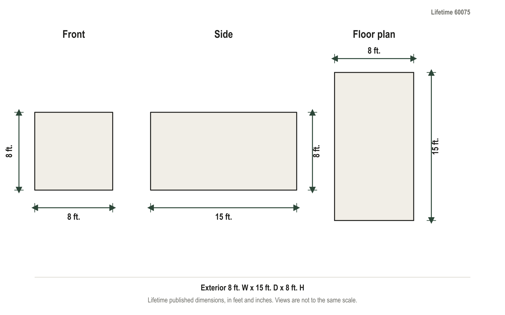 Dimension diagram: Lifetime 8 ft. x 15 ft. Outdoor Storage Shed, 8 ft. wide by 15 ft. deep by 8 ft. tall
