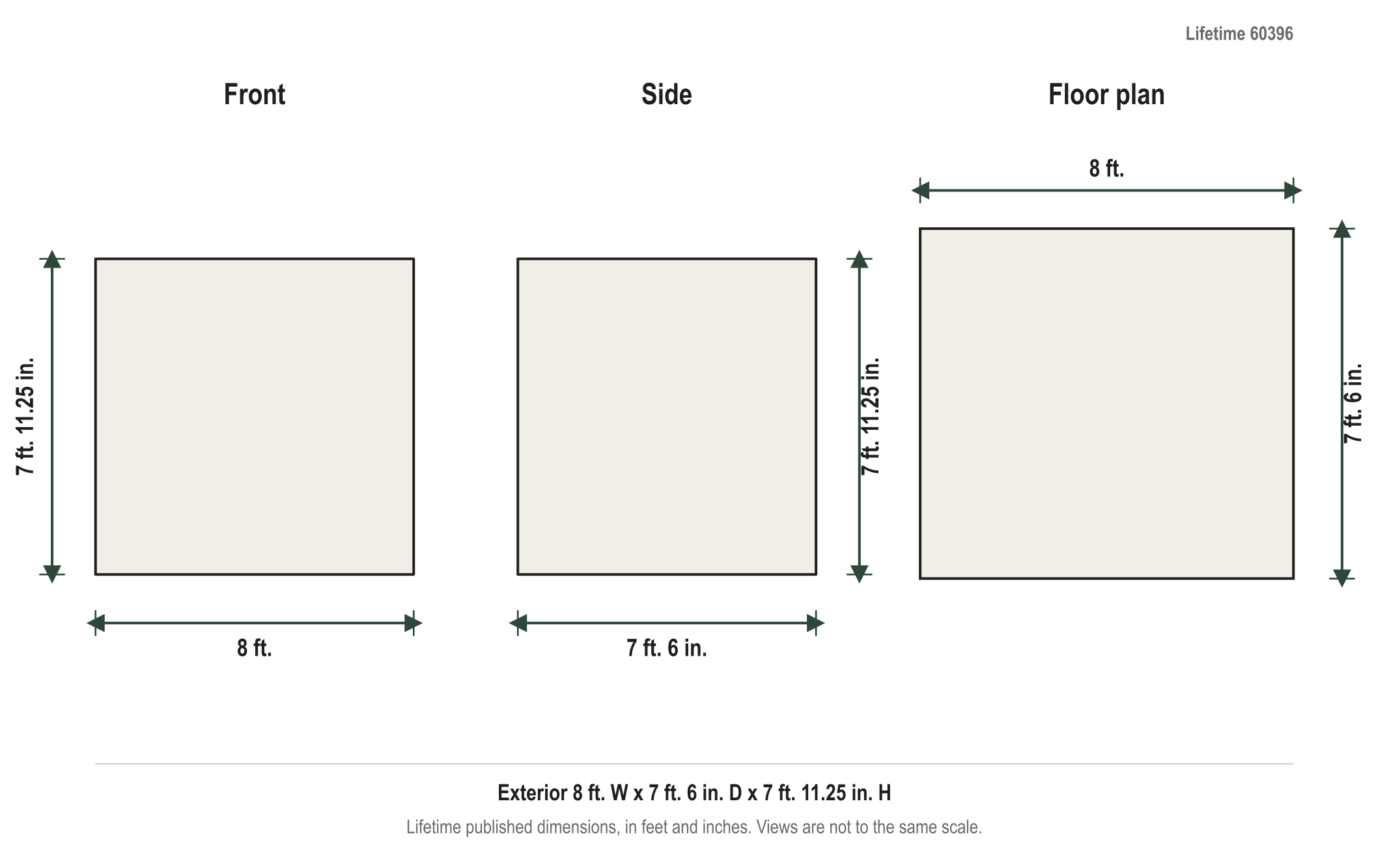 Dimension diagram: Lifetime 8 ft. x 7.5 ft. Outdoor Storage Shed, 8 ft. wide by 7 ft. 6 in. deep by 7 ft. 11.25 in. tall