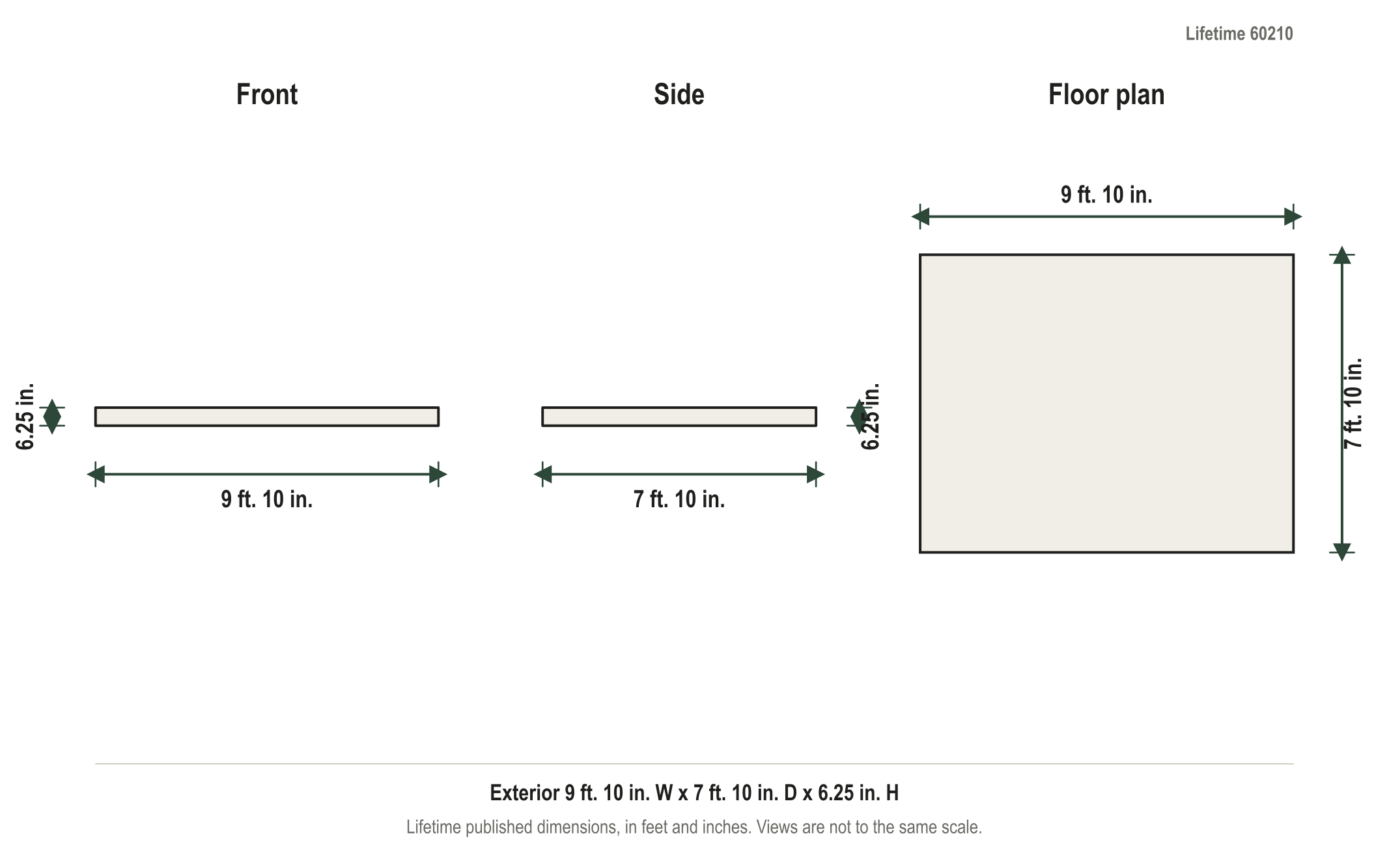 Dimension diagram: Lifetime Foundation Kit for 8' x 10' and 10' x 8' Sheds, 9 ft. 10 in. wide by 7 ft. 10 in. deep by 6.25 in. tall