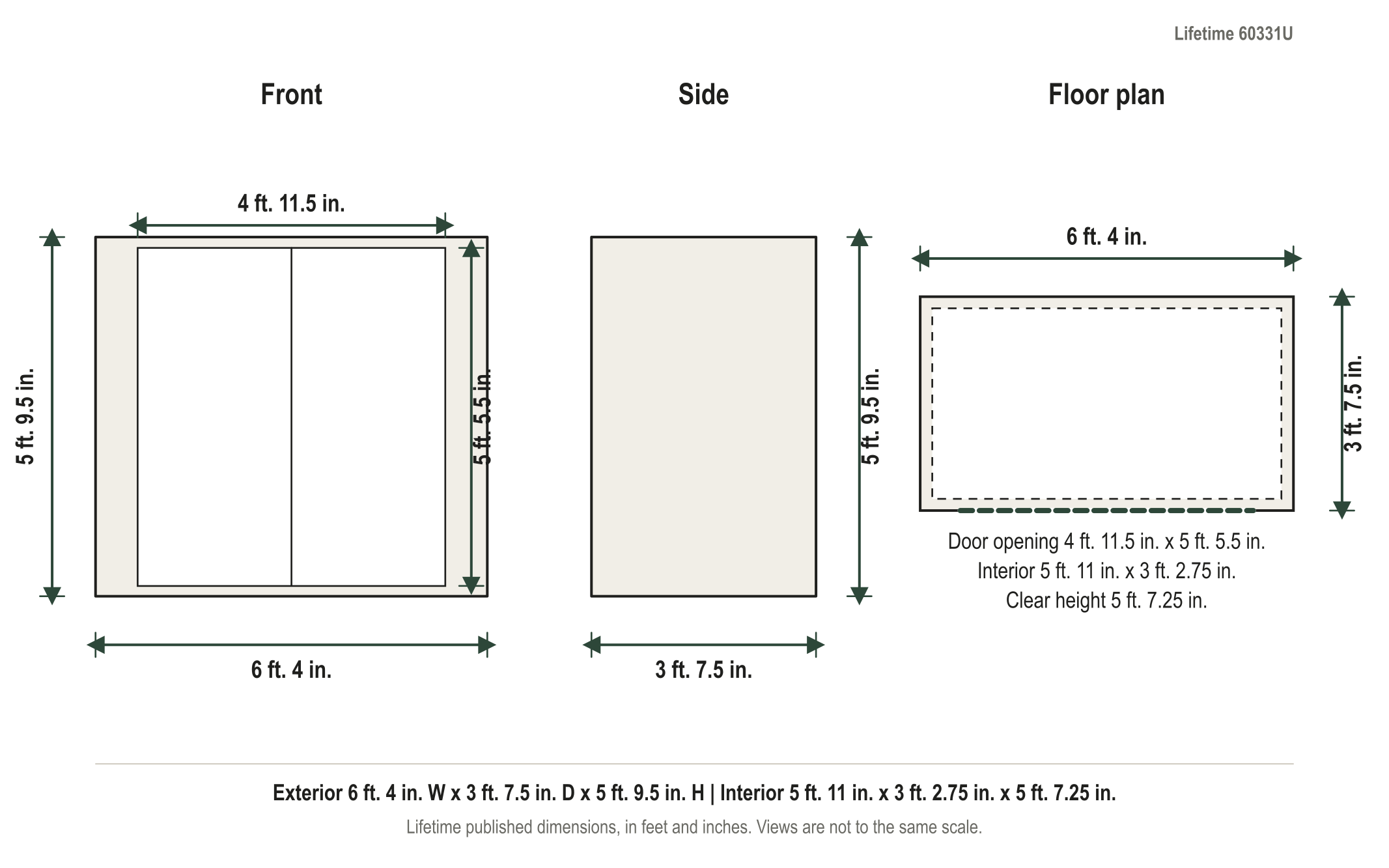 Dimension diagram: Lifetime Utility / Trash Can Storage Shed, 6 ft. x 3.5 ft., 6 ft. 4 in. wide by 3 ft. 7.5 in. deep by 5 ft. 9.5 in. tall