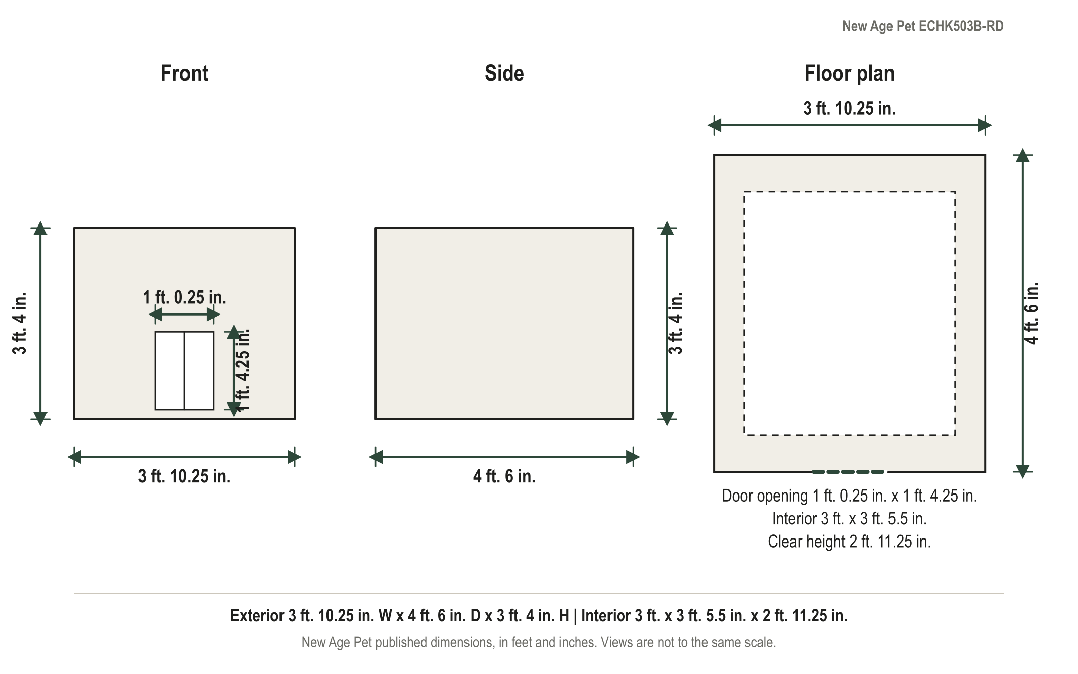 Dimension diagram: New Age Pet ecoFLEX Jumbo Fontana Chicken Barn, 3 ft. 10.25 in. wide by 4 ft. 6 in. deep by 3 ft. 4 in. tall