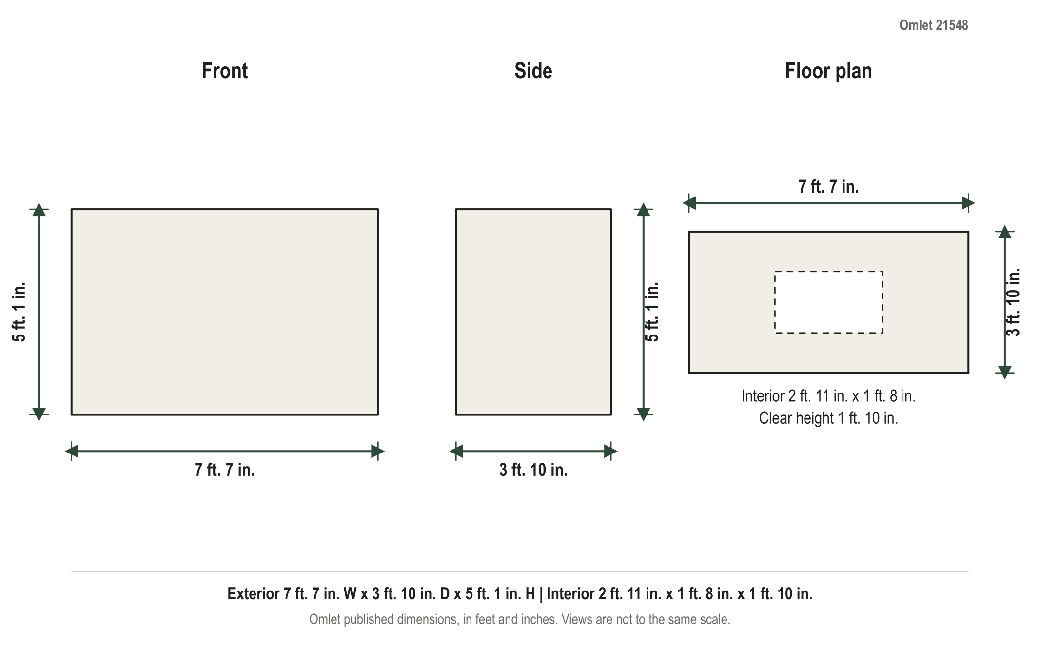 Dimension diagram: Omlet Eglu Cube Large Chicken Coop with 6ft Run Package, 7 ft. 7 in. wide by 3 ft. 10 in. deep by 5 ft. 1 in. tall