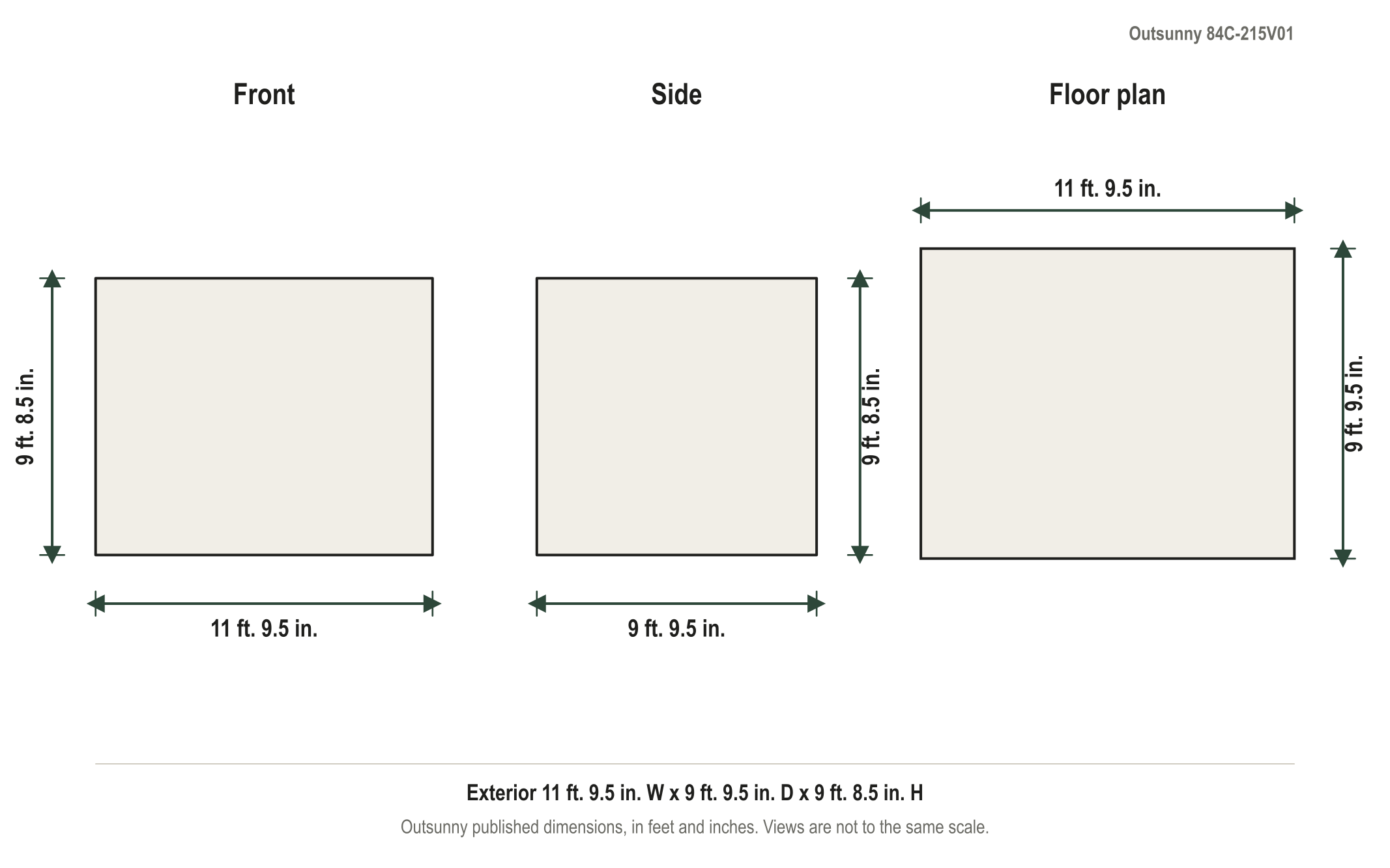 Dimension diagram: Outsunny 10' x 12' Hardtop Gazebo Canopy with Polycarbonate Roof, Aluminum Frame, 11 ft. 9.5 in. wide by 9 ft. 9.5 in. deep by 9 ft. 8.5 in. tall