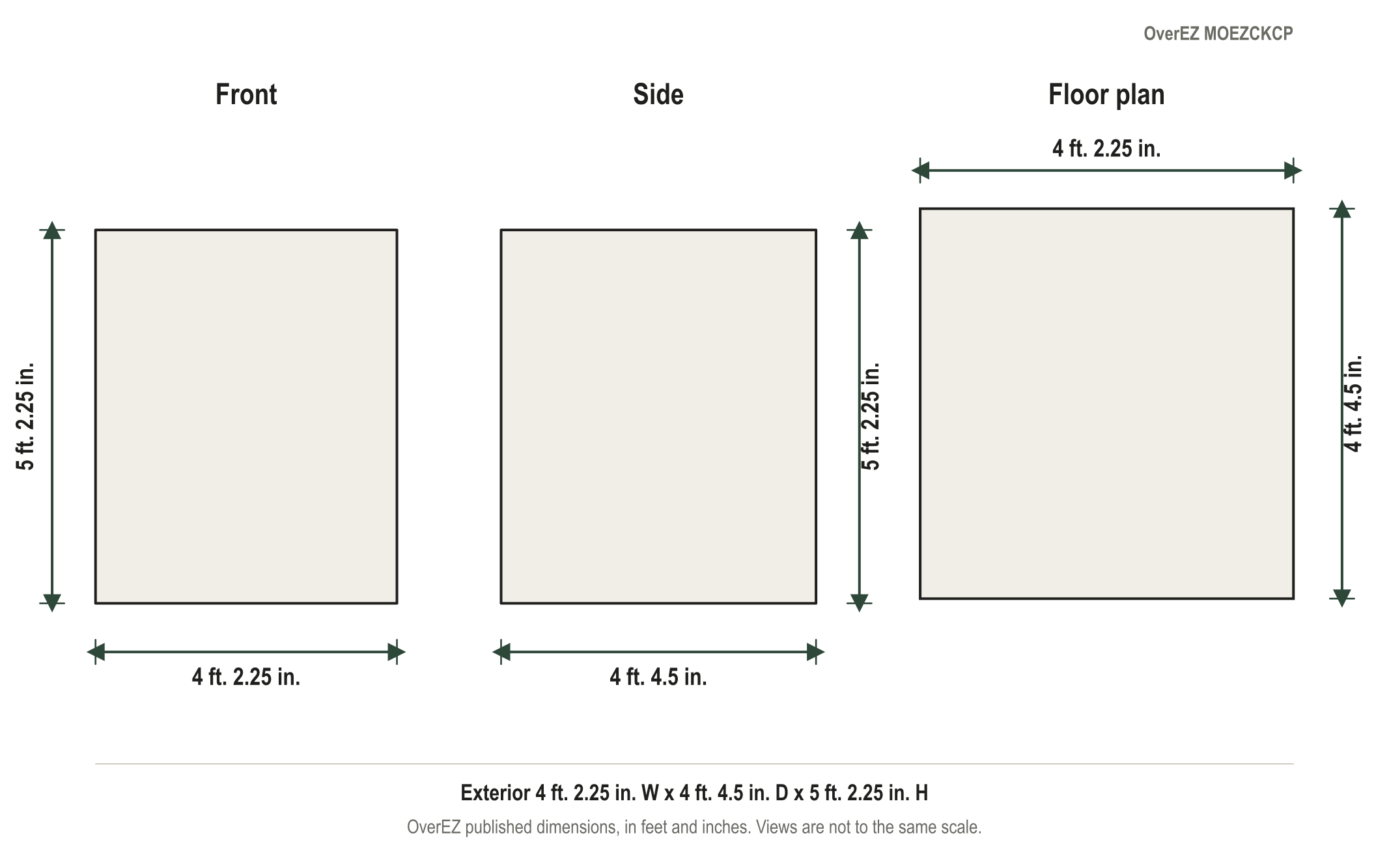 Dimension diagram: OverEZ Medium Chicken Coop - Up to 10 Chickens, 4 ft. 2.25 in. wide by 4 ft. 4.5 in. deep by 5 ft. 2.25 in. tall
